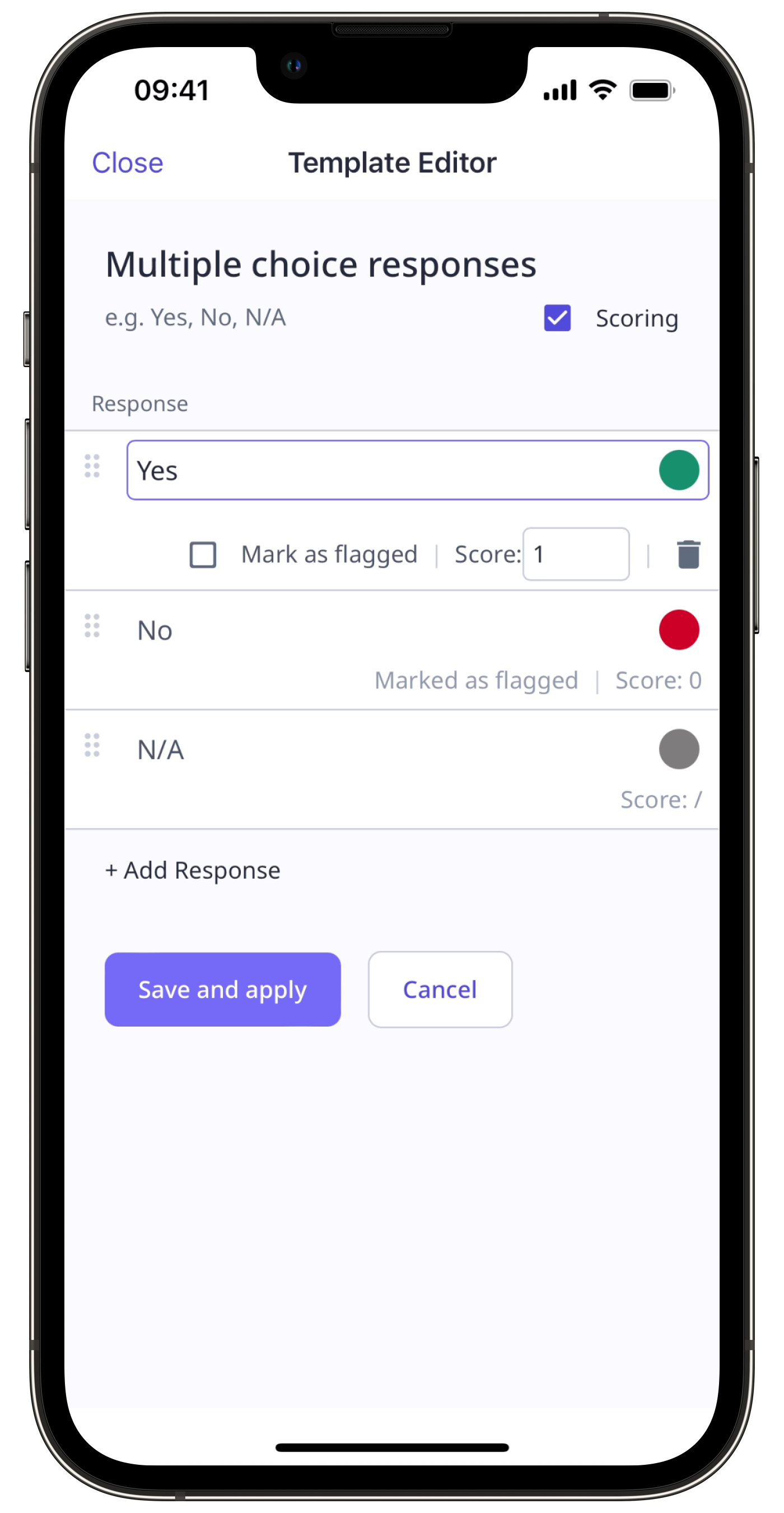 Update a custom response set in a template via the mobile app