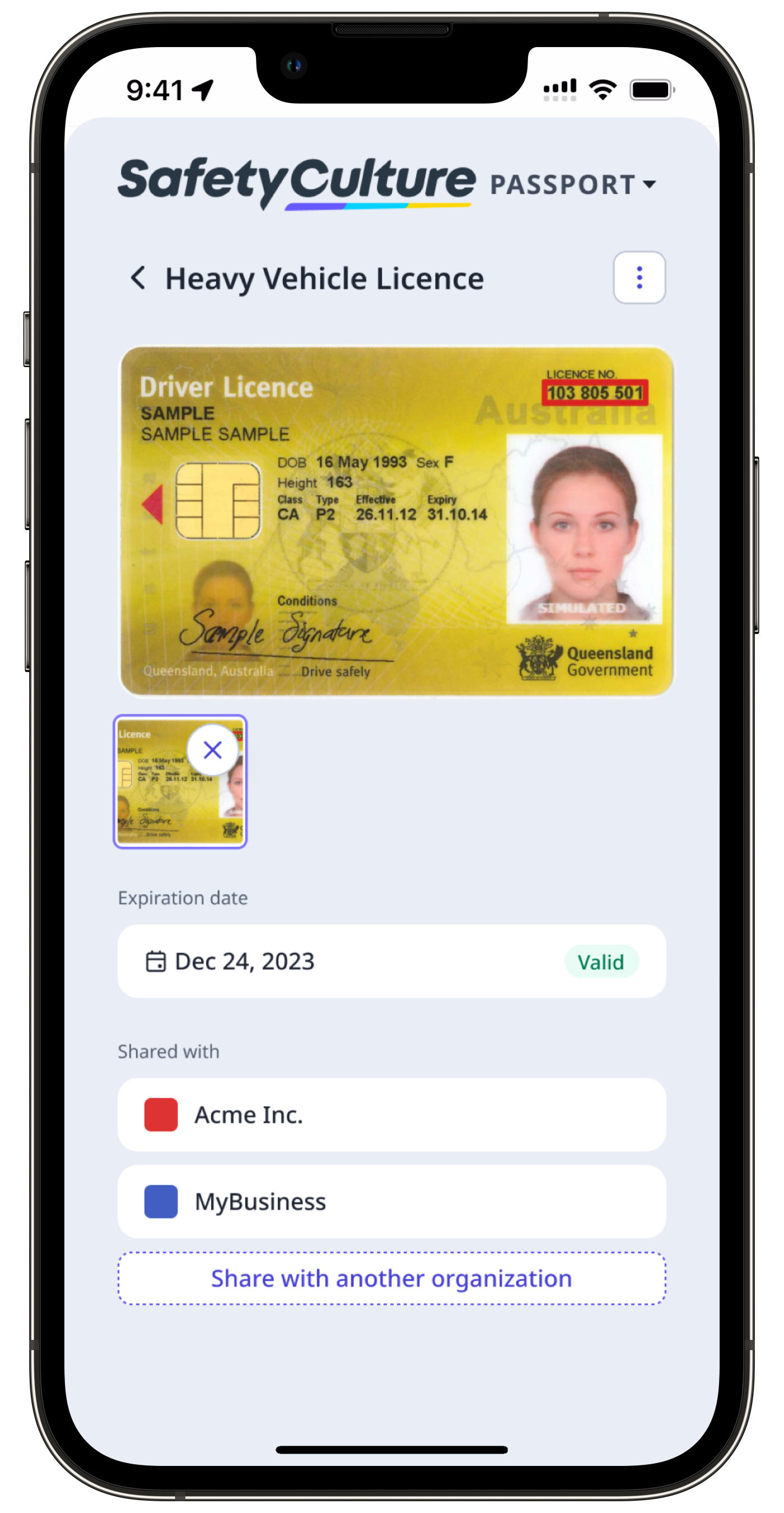 Un prototipo de diseño de la función de pasaporte de SafetyCulture, que muestra una credencial, en la aplicación móvil.