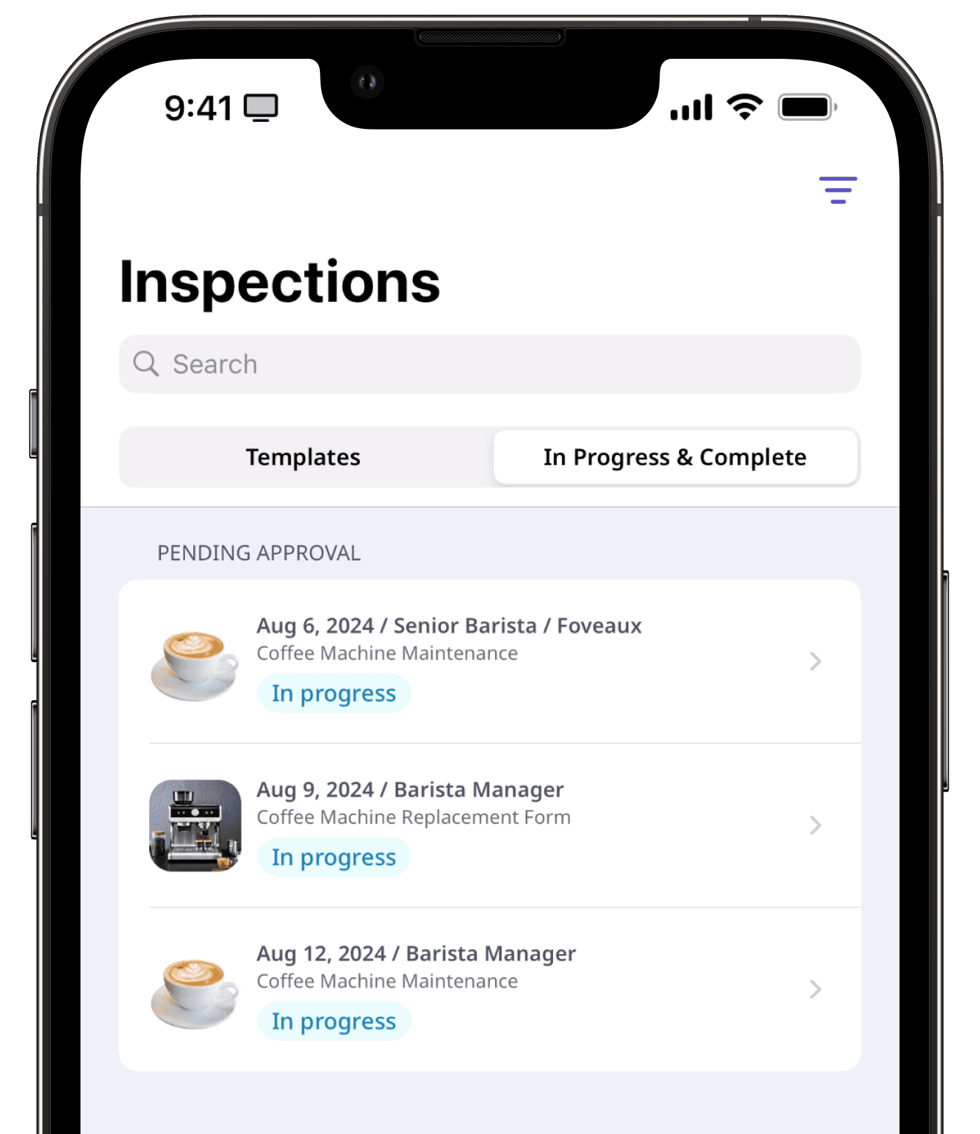 Access the relevant inspections by sorting by approval status on the mobile app.