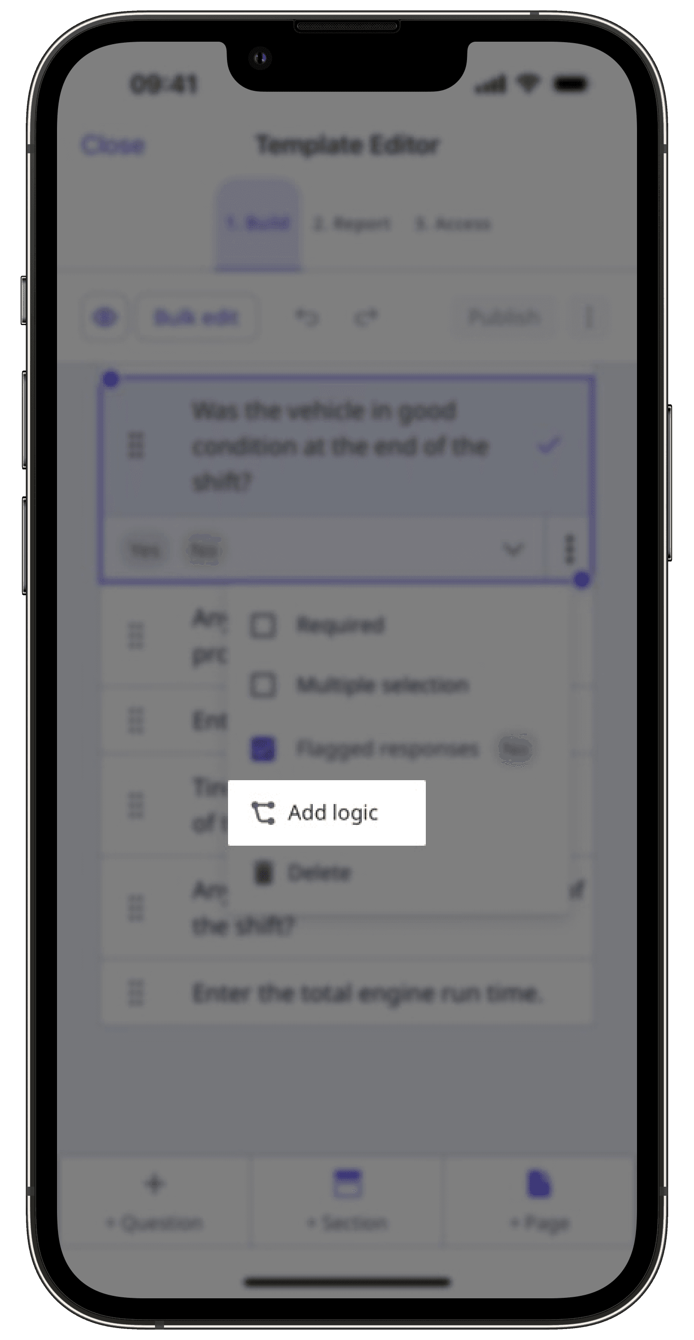 Add a logic field to a question in a template via the mobile app.