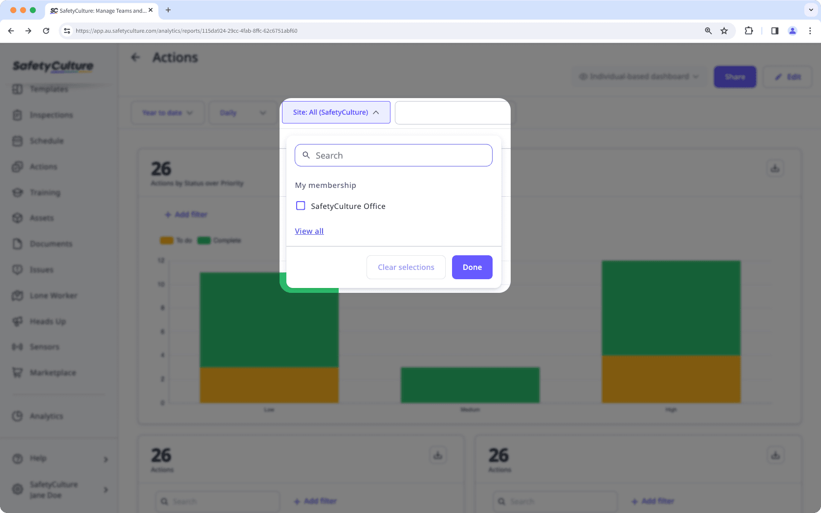 "Site" dashboard filter in Analytics via the web app.