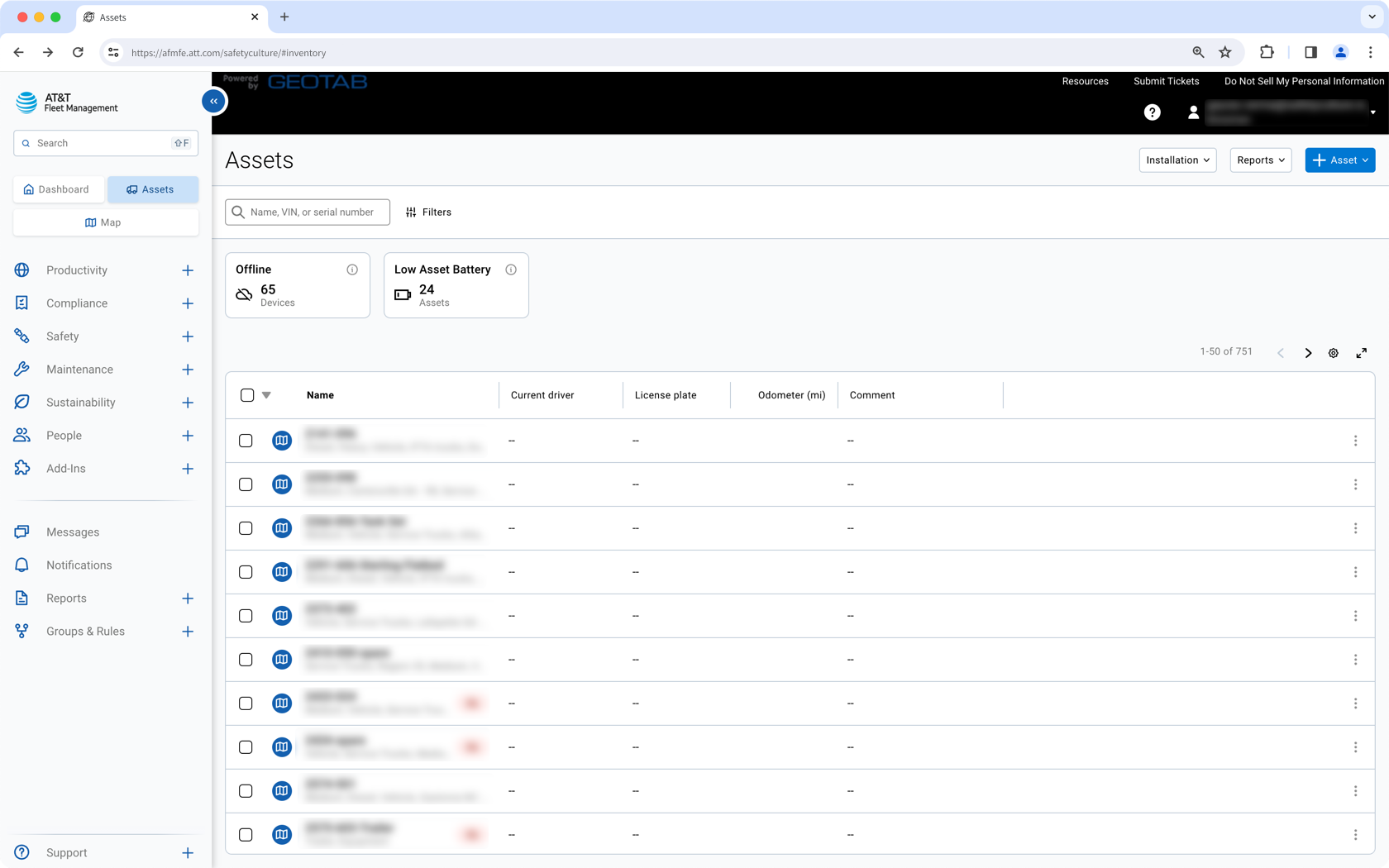 An example of an asset list in AT&T Fleet Management for Enterprise and Government.