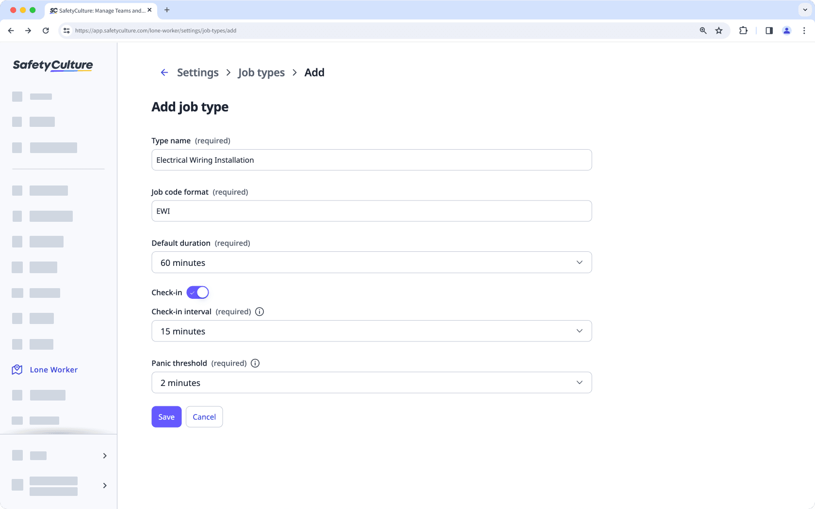 An example of a job type's configuration on the web app.