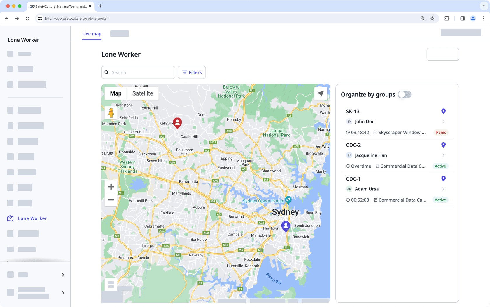 An example of the live map in the Lone Worker feature on the web app.