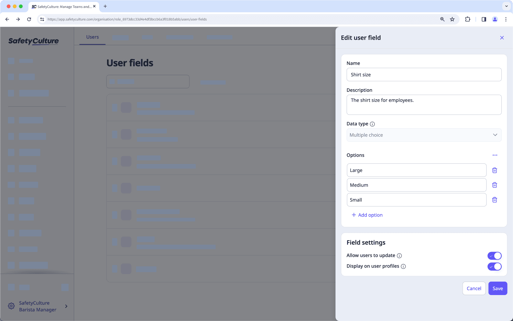 Update options for your multiple-choice user field via the web app.