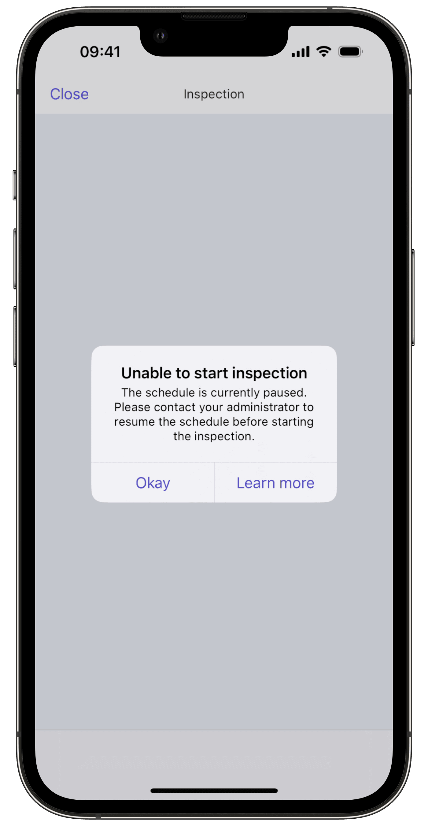 Unable to star inspection error due to paused scheduled inspection via the mobile app.