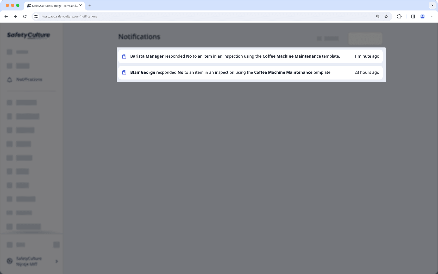 A notification that a user receives when the "Notify" logic field gets triggered while conducting the inspection.