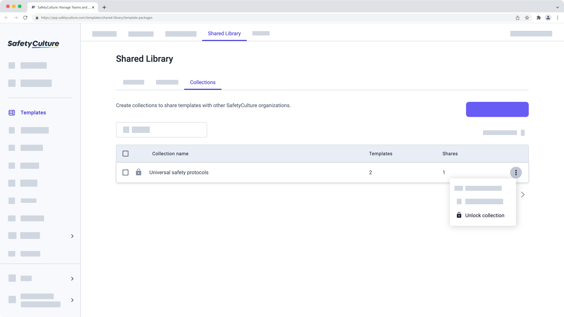 Desbloquear una colección de plantillas de la Biblioteca compartida a través de la aplicación web.
