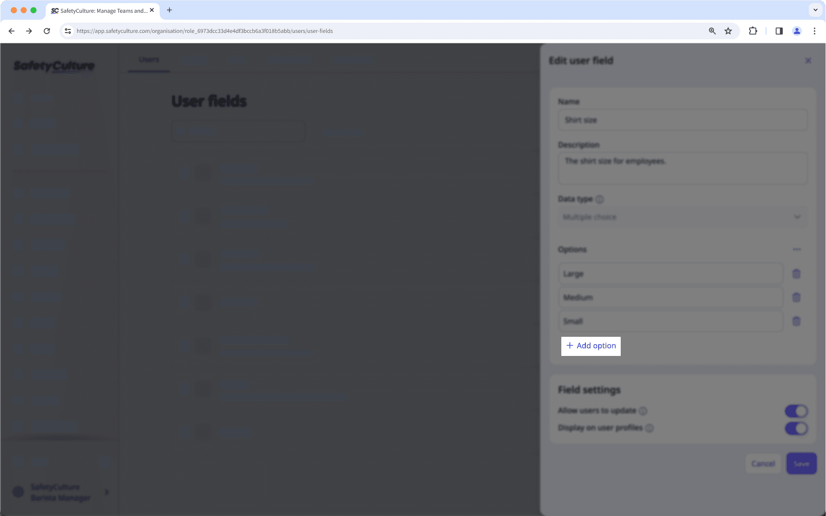 Add options to user fields using the "Multiple-choice" data type via the web app.