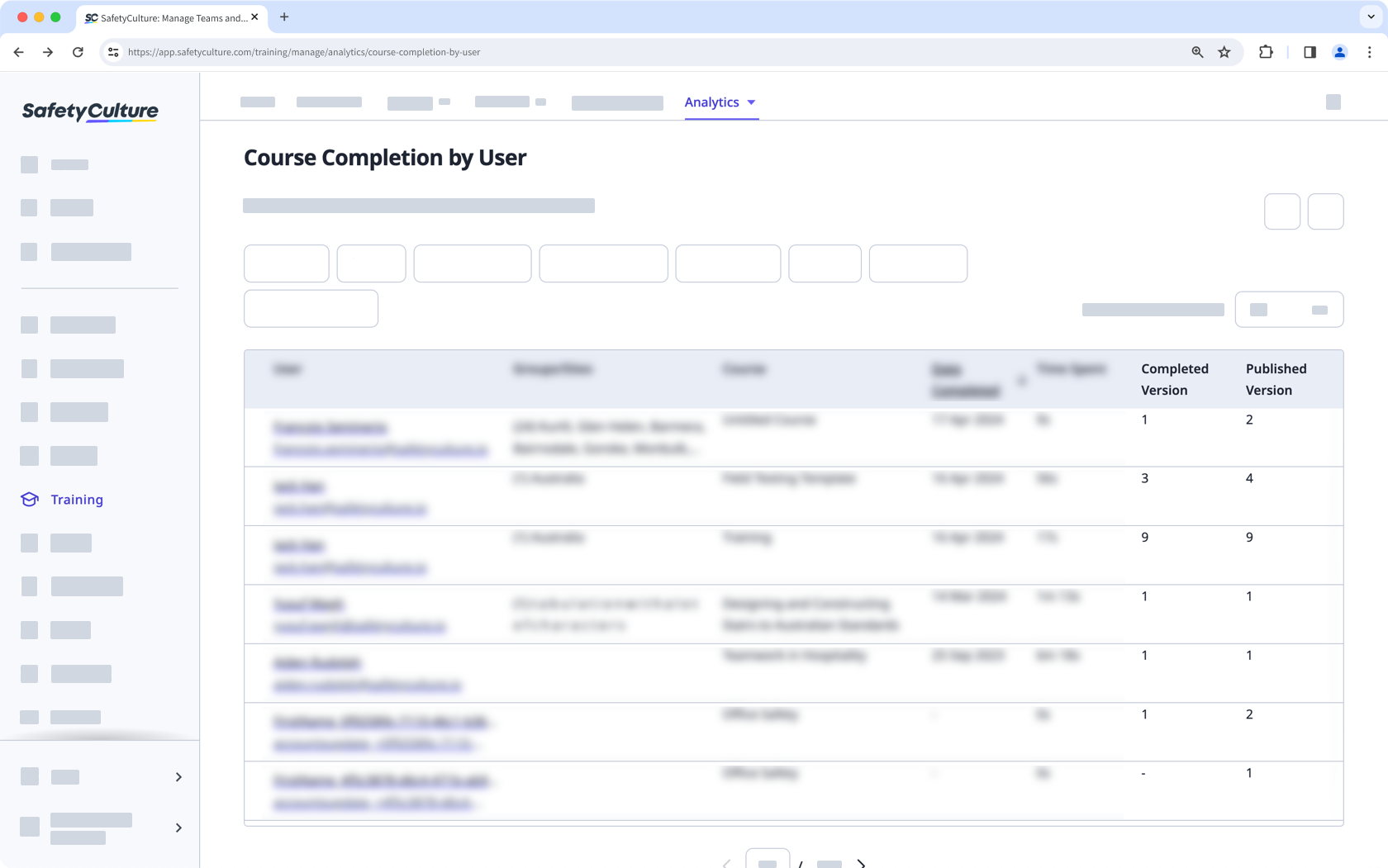 View each user's course completion's completed and published versions in "Course Completion by Users" via the web app.
