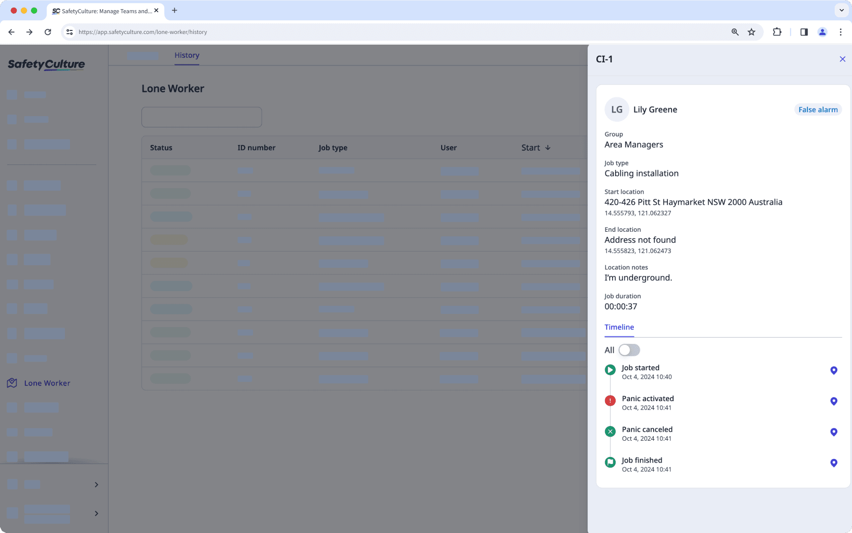 View historical lone-work jobs via the web app.