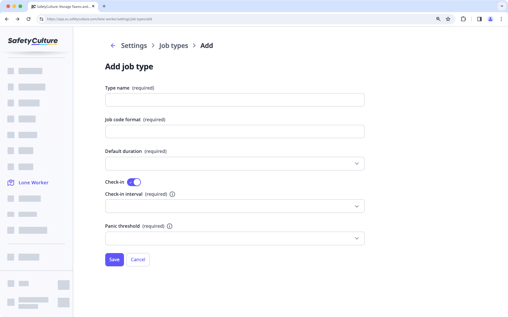 Add a job type in Lone Worker via the web app.