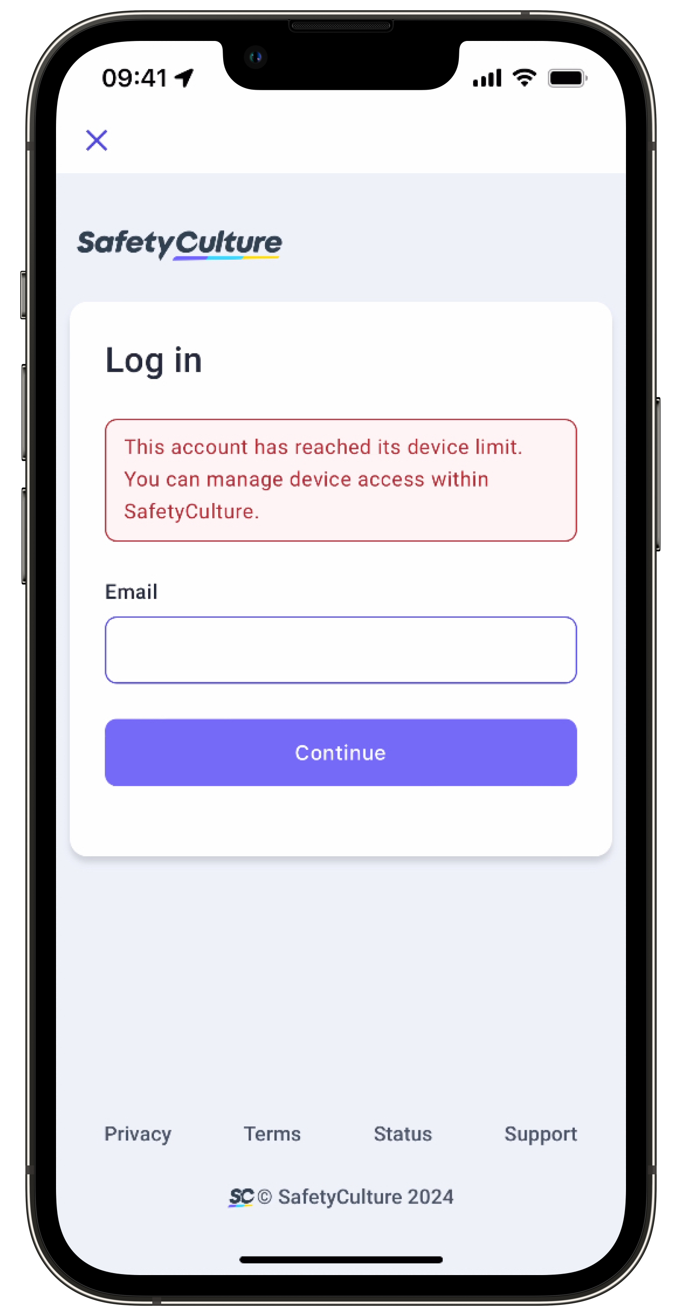 Screen showing a device limit error on the login screen via the mobile app.