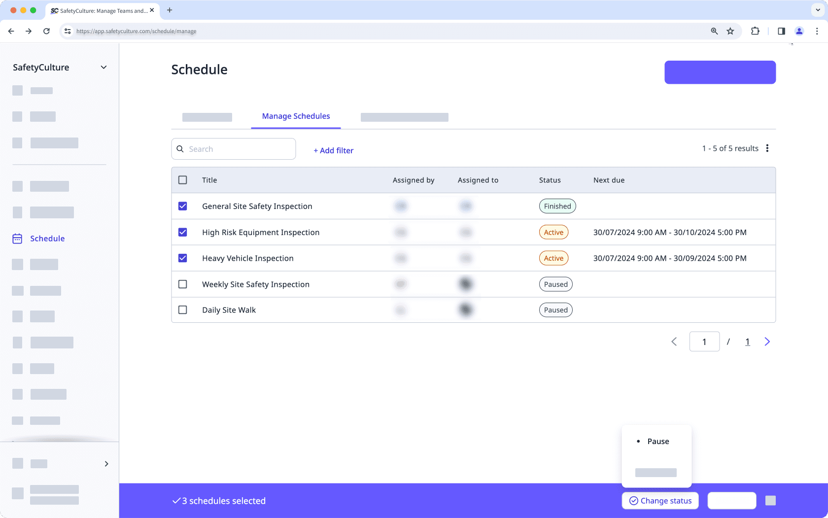 Bulk pause schedules via the web app.