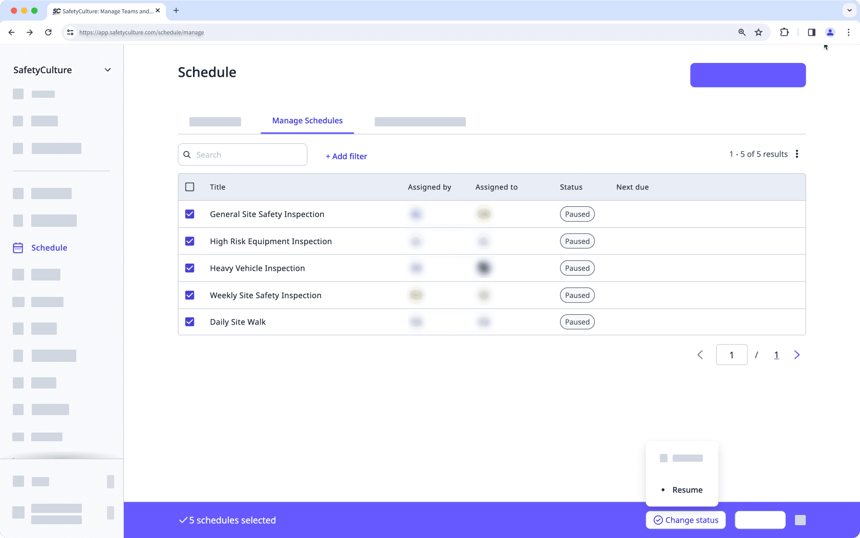 Bulk resume schedules via the web app.