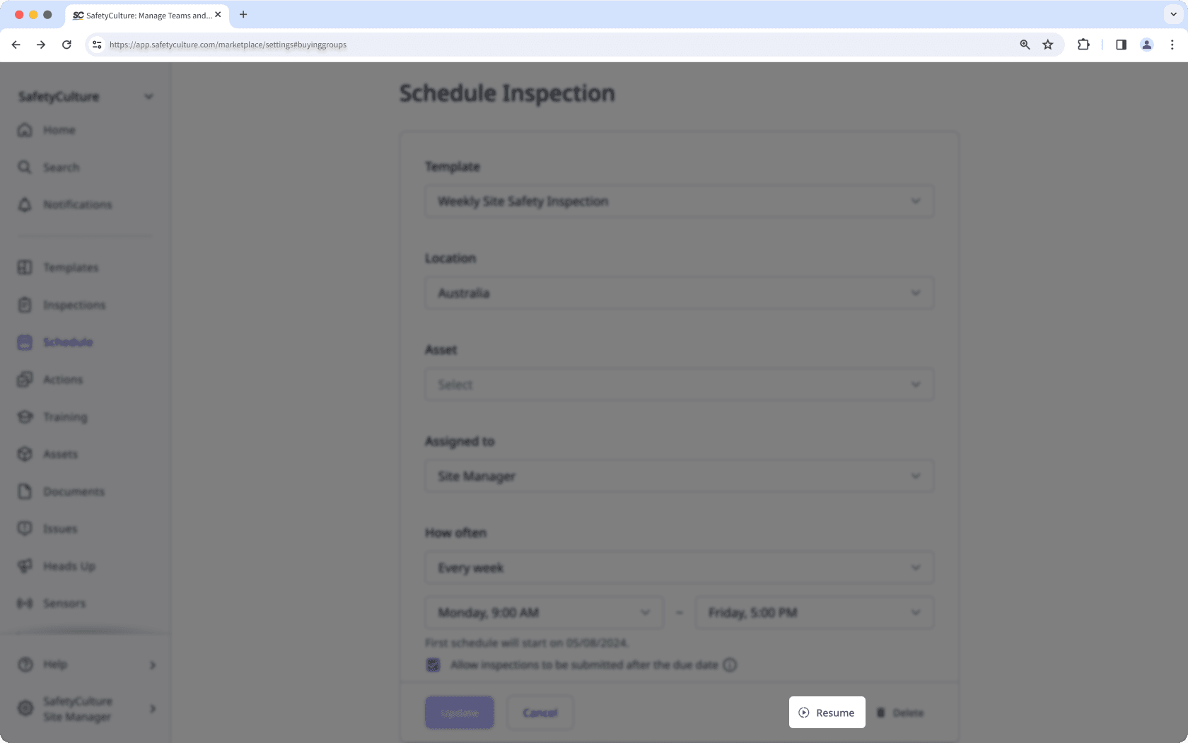 Resume an inspection schedule via the web app.