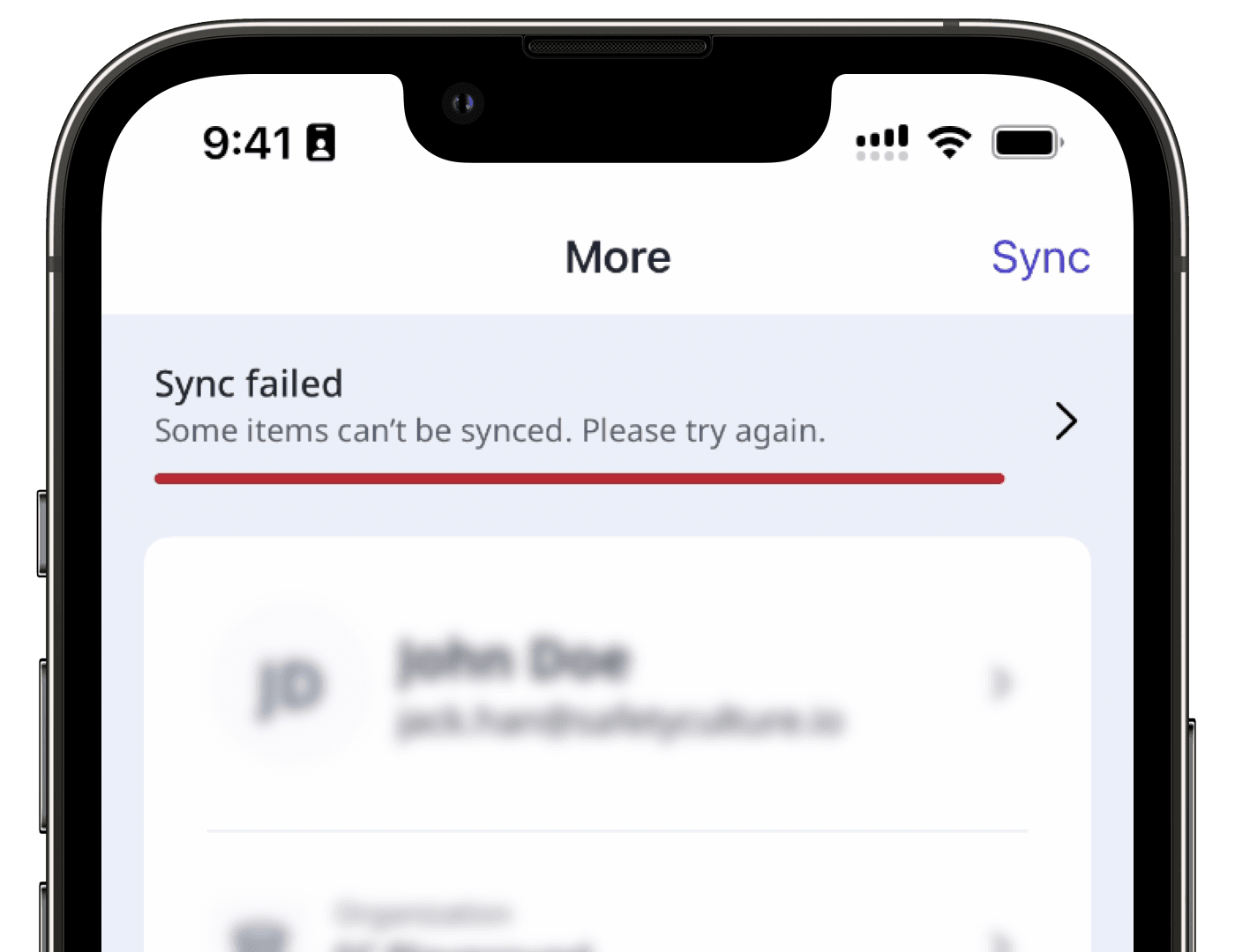 An example of the sync failed error on the mobile app.