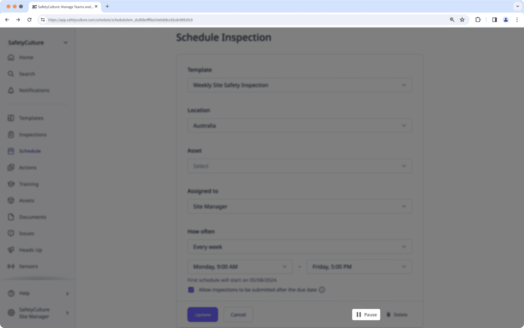 Pause an inspection schedule via the web app.