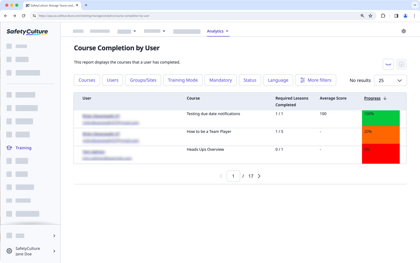 Course completion by users via the web app