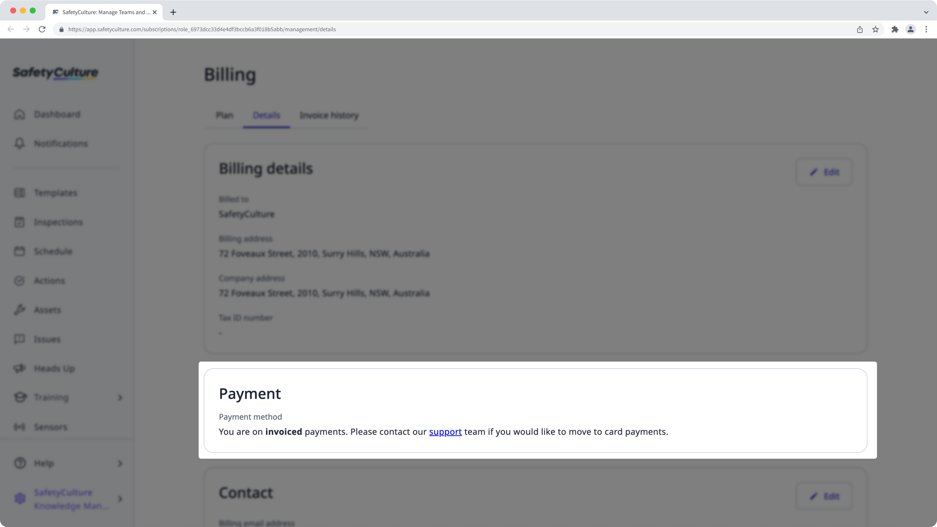 Método de pago para la factura en la página de Facturación de la aplicación web.
