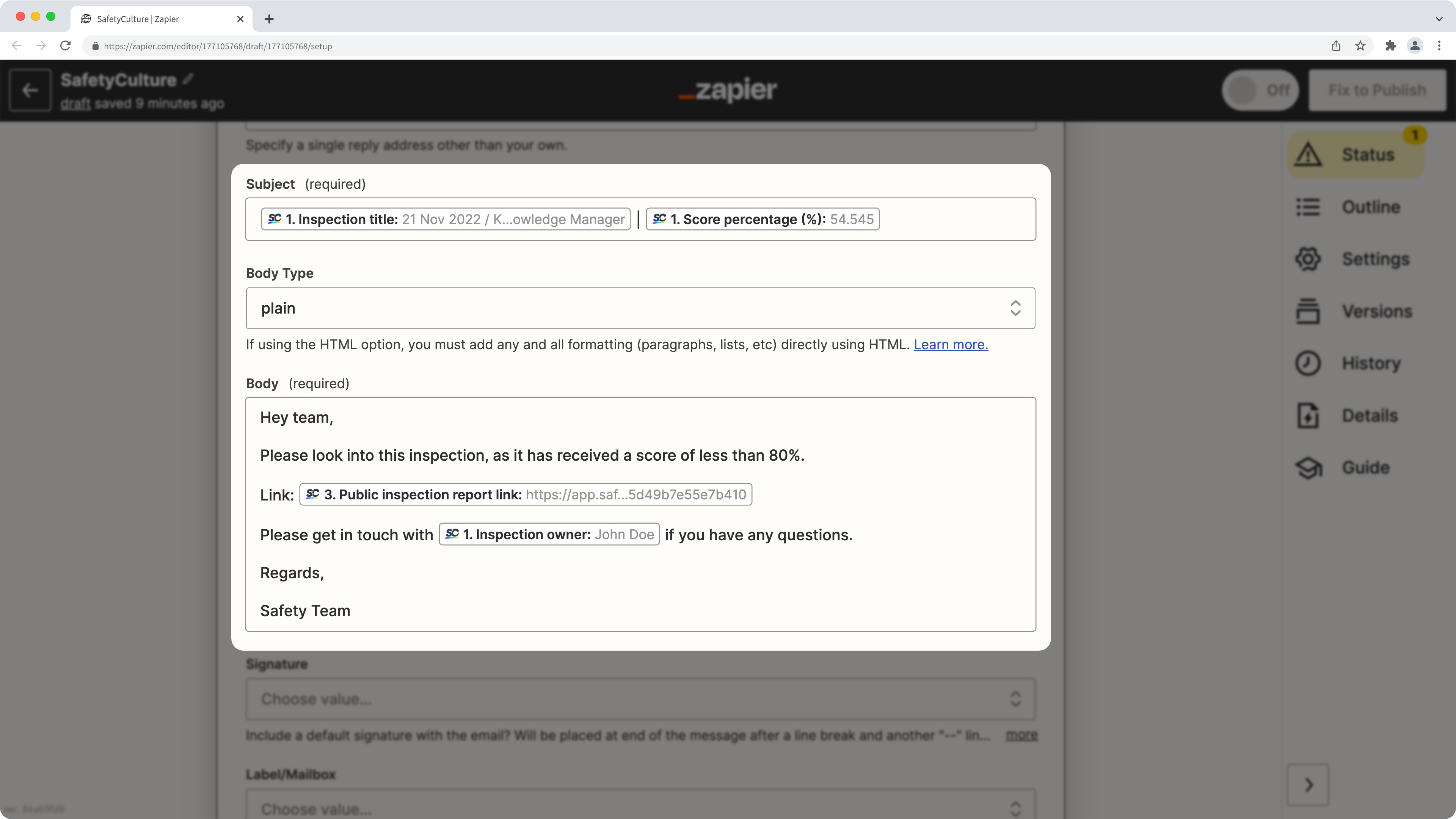Un ejemplo de Gmail en Zapier para enviar enlaces de informes de inspección.