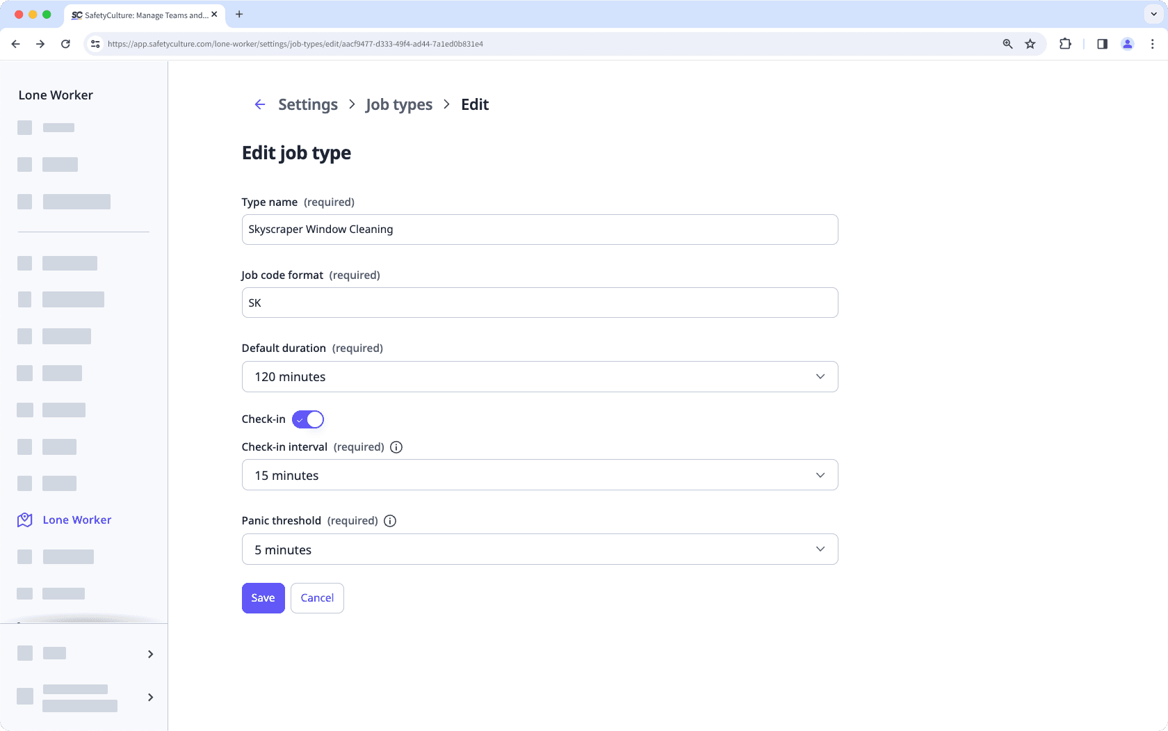 An example of a job type's settings in the Lone Worker feature on the web app.