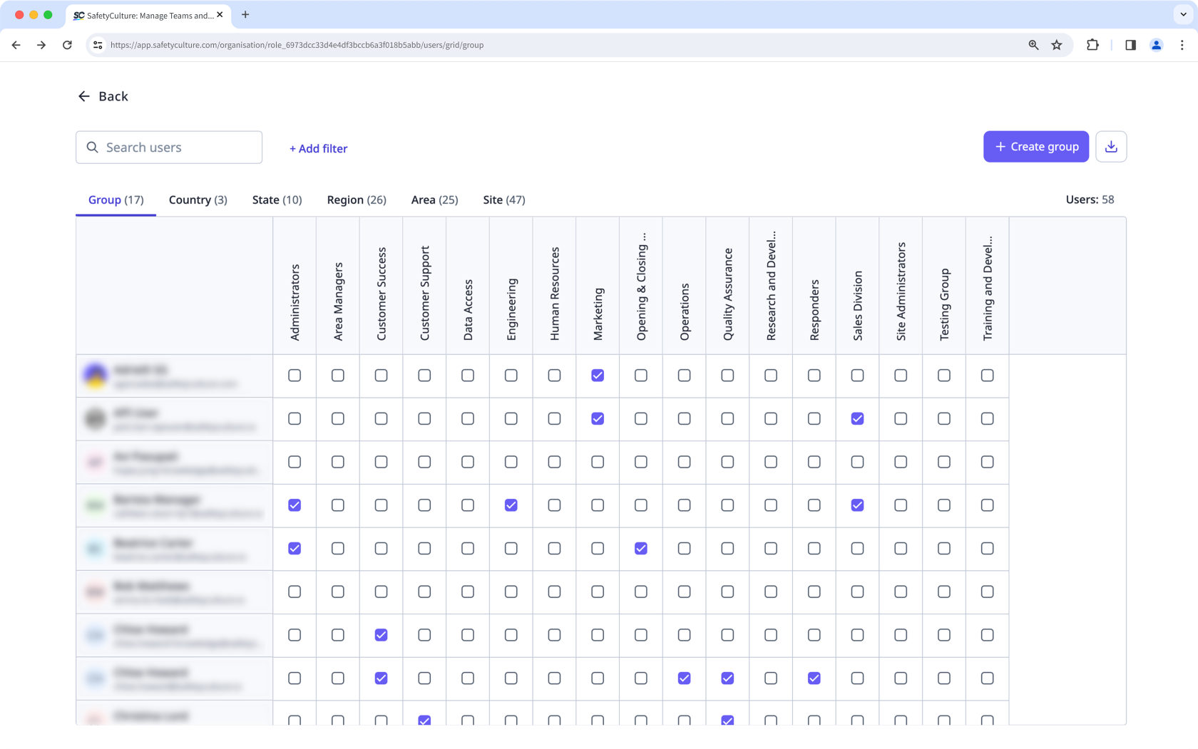 An example of the group and site matrix table on the web app.