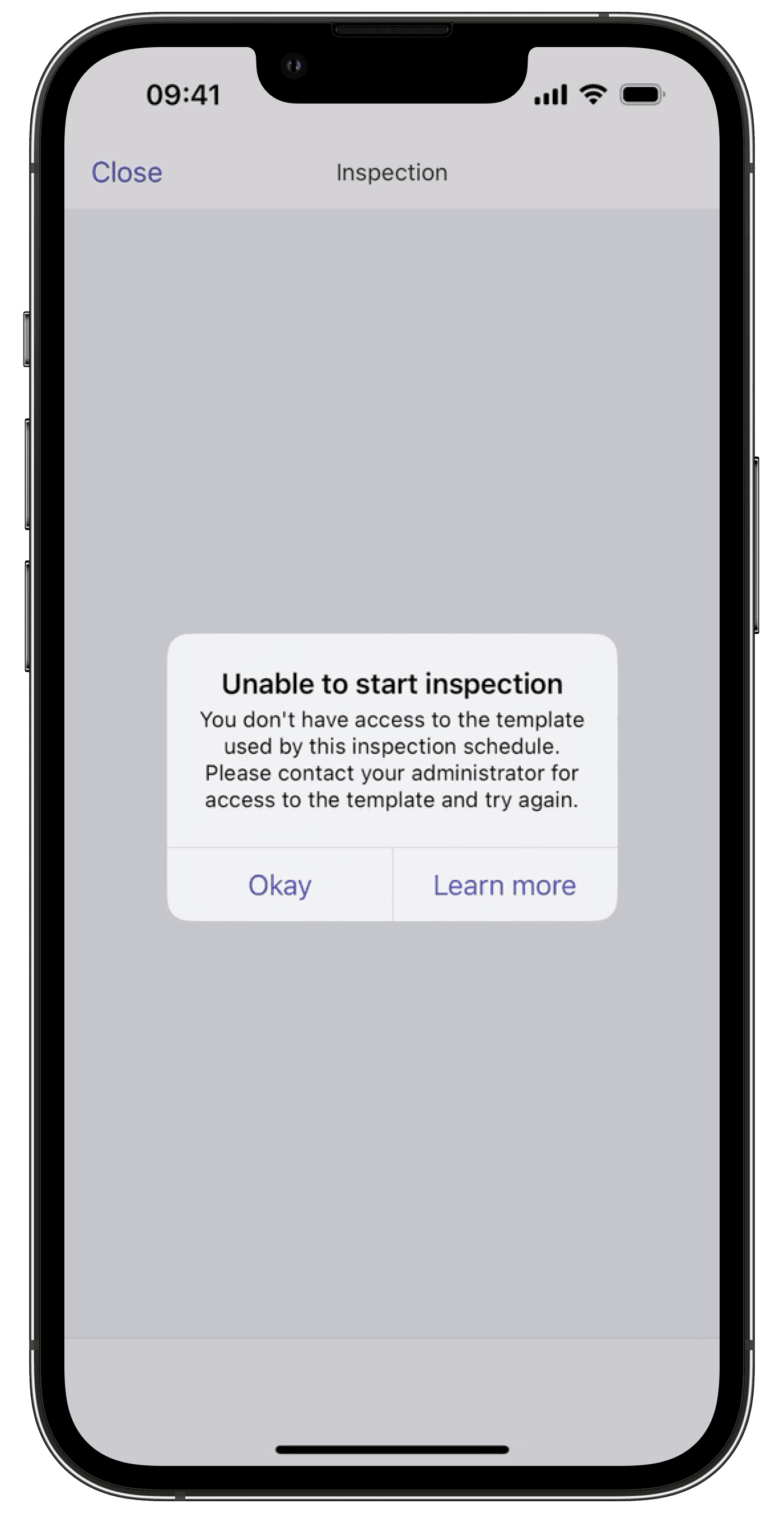 "Unable to start inspection" error due to access removal via the mobile app.