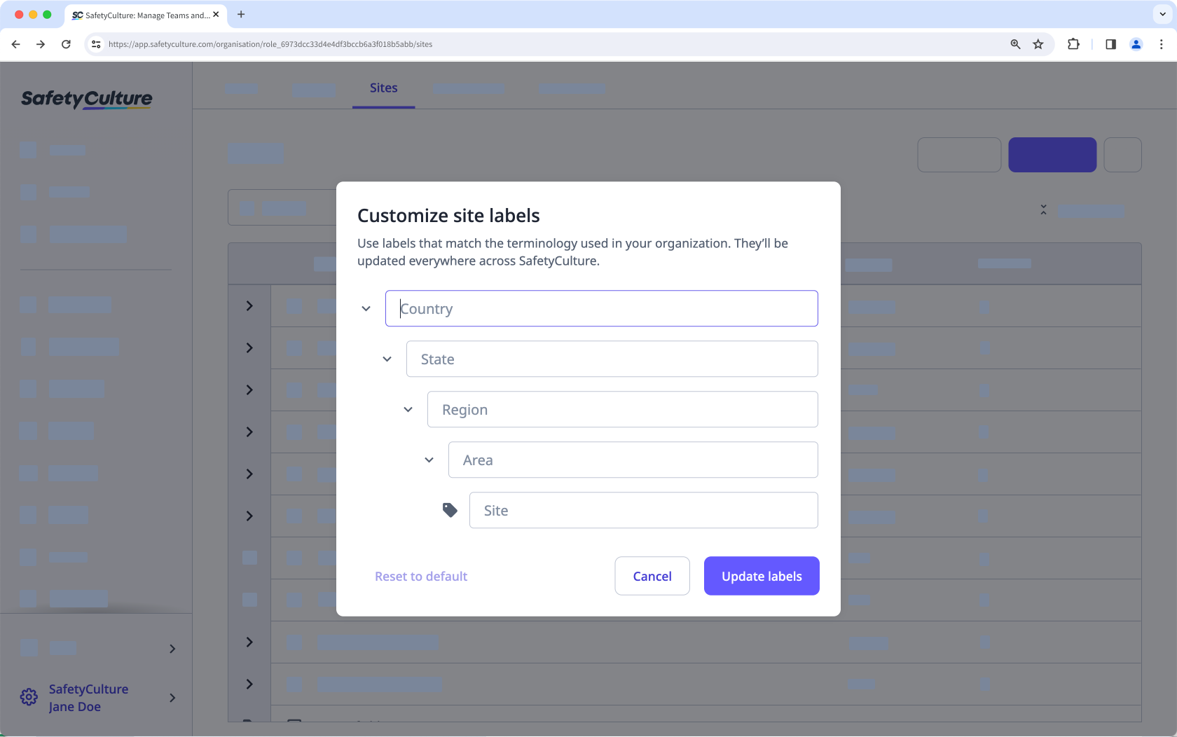 Customize your organization's site labels via the web app.