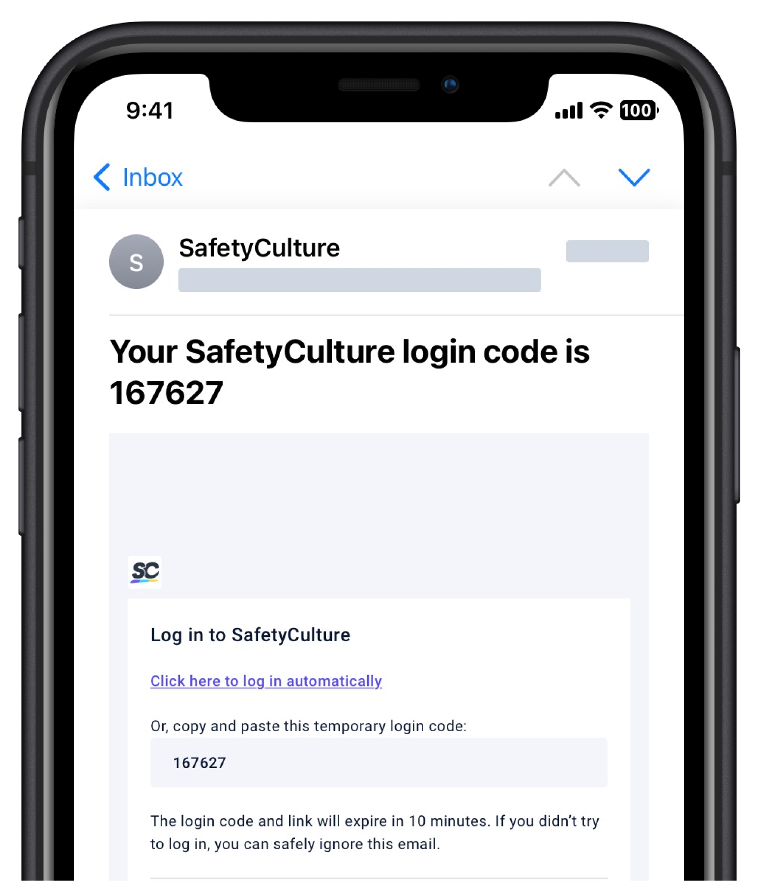 An example of a one-time code to log in to SafetyCulture.