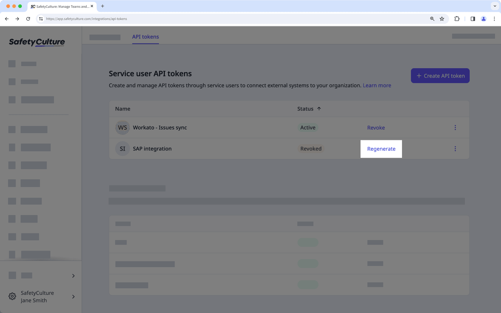 Regenere un token de usuario de servicio revocado a través de la aplicación web.