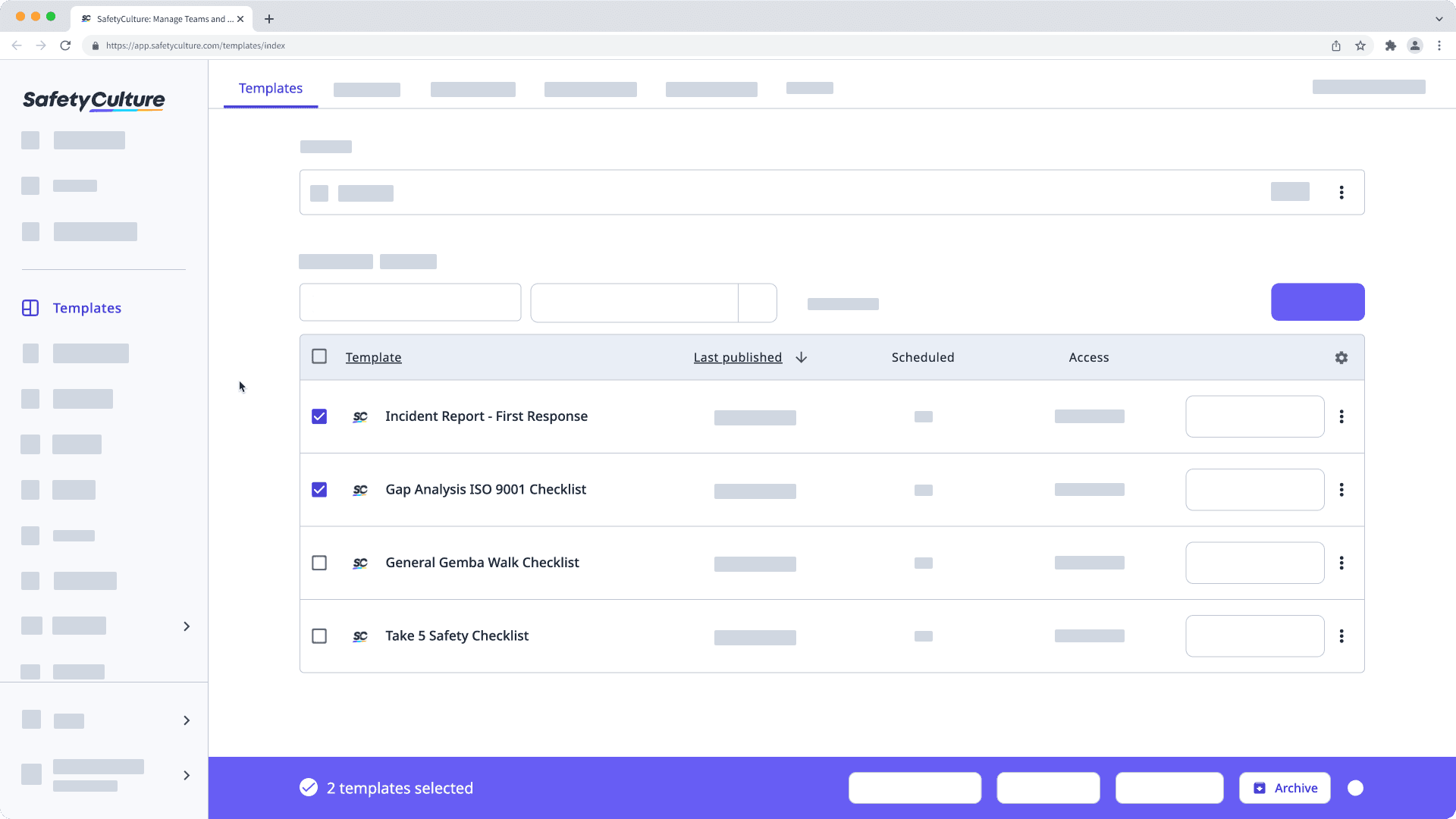 Bulk archive templates via the web app.