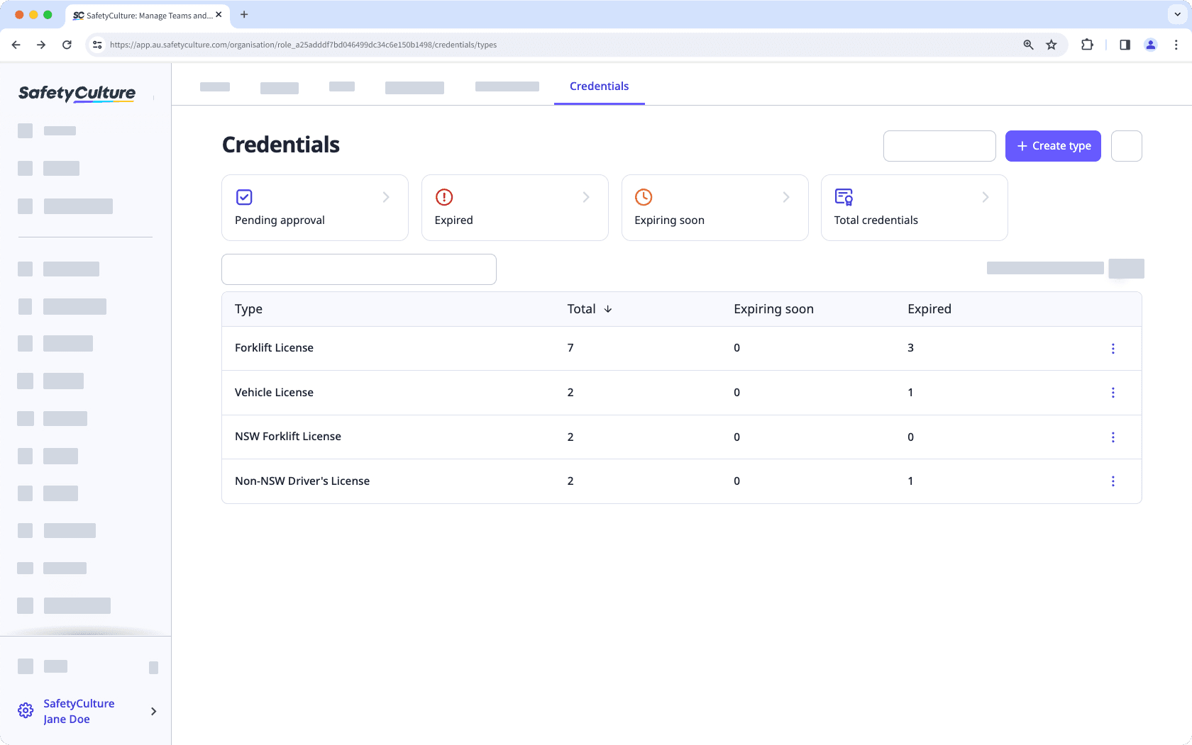 La página de credenciales que muestra diferentes tipos de credenciales en la aplicación web.