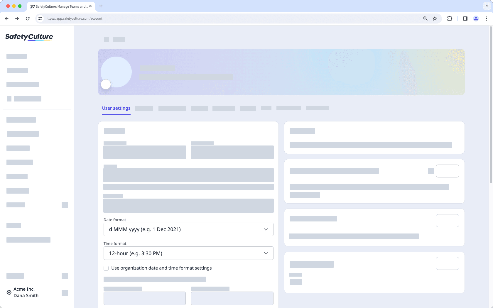 Mithilfe der Web-App die Einstellungen des Datums- und Zeitformats für Ihr SafetyCulture-Konto bearbeiten.