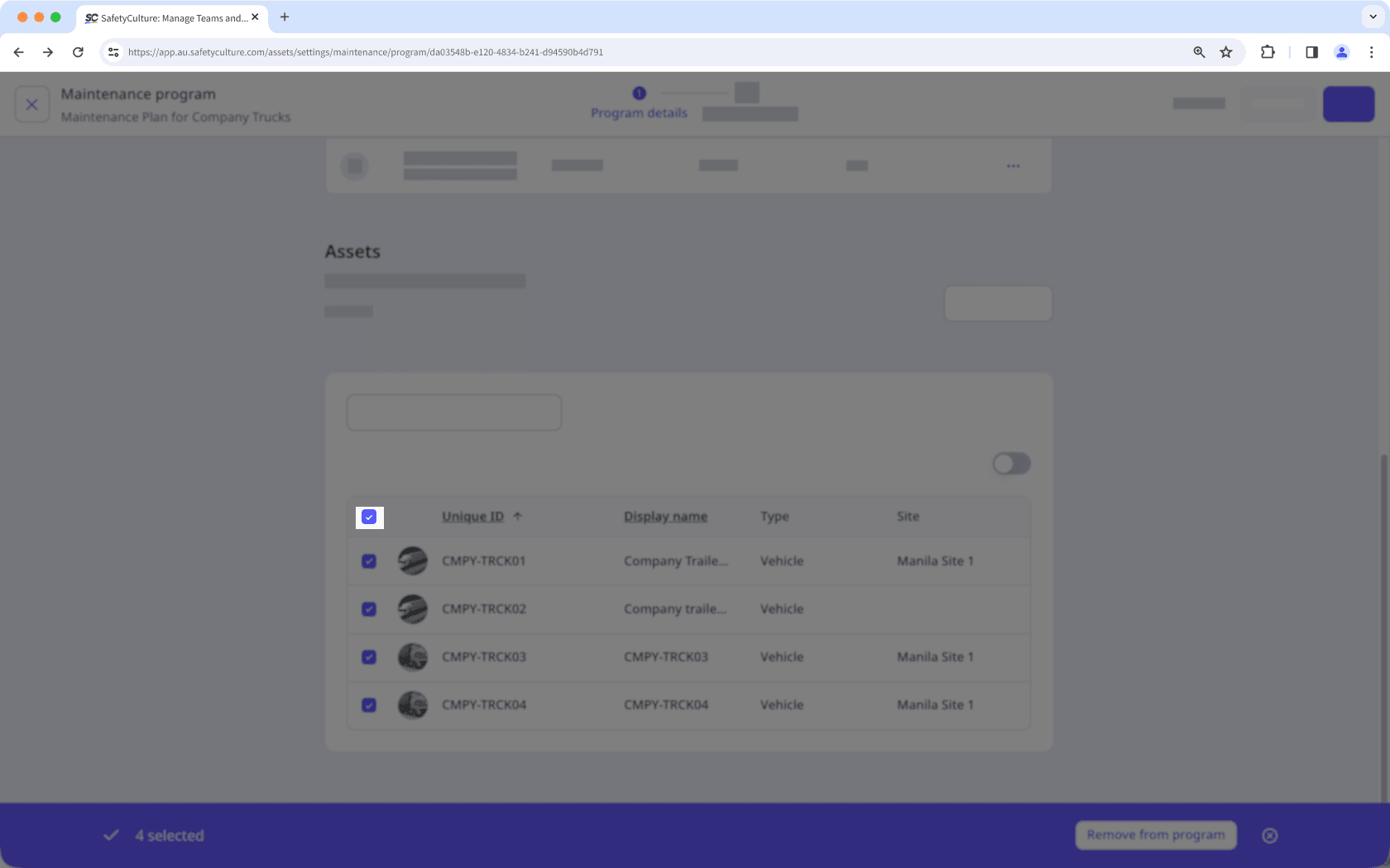 Check the box in the table header to select all visible assets to add to or remove from a site via the web app.