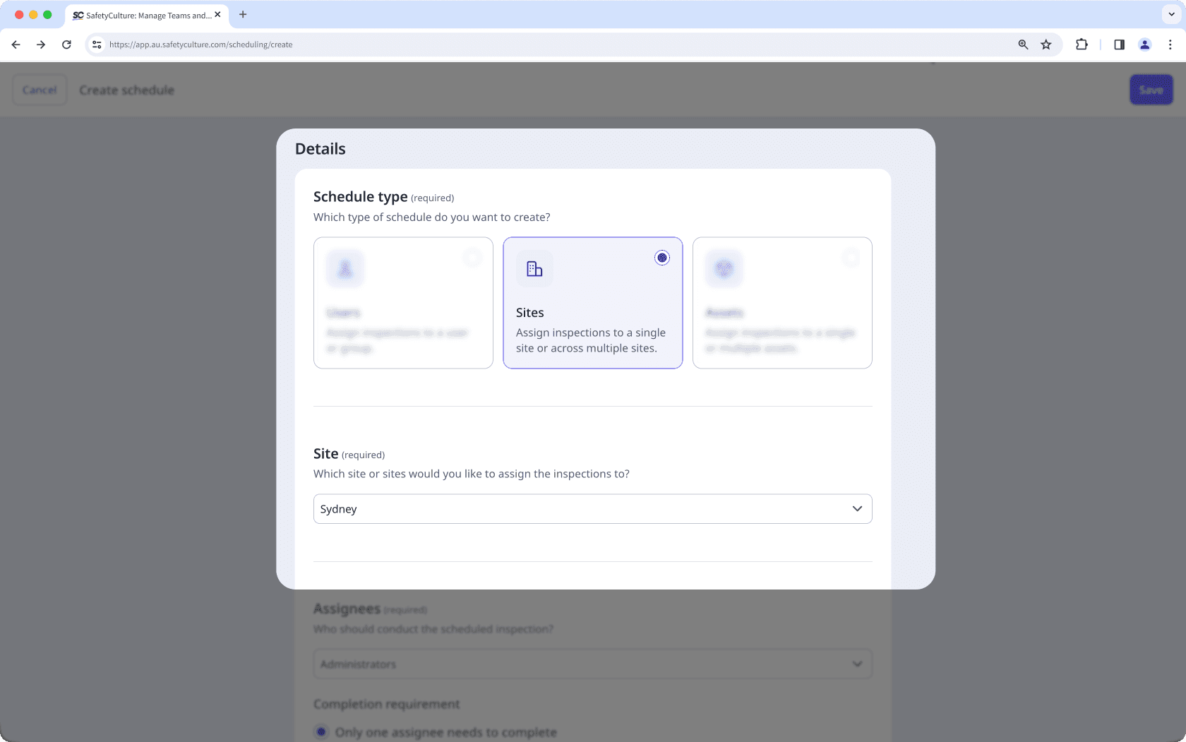 Site en tant que type de planning dans la nouvelle interface Plannings de l'application Web.