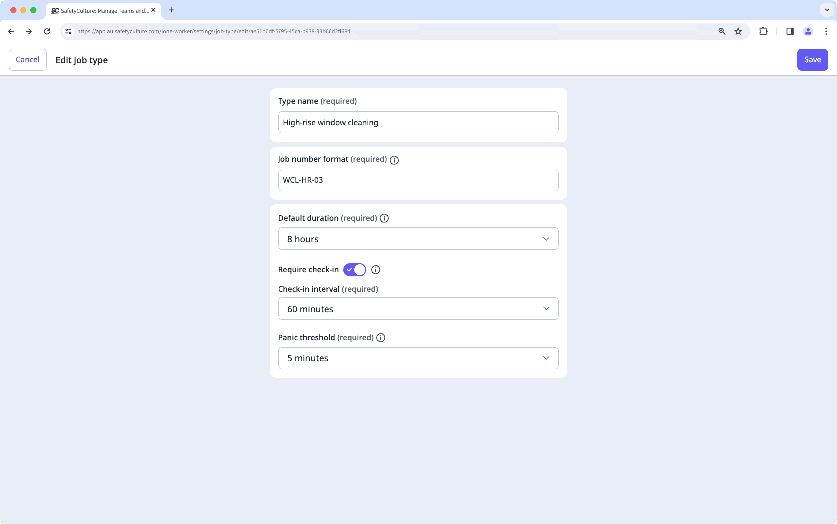 Exemple de paramètres d'un type de travail dans la fonctionnalité Travailleur isolé de l'application Web.