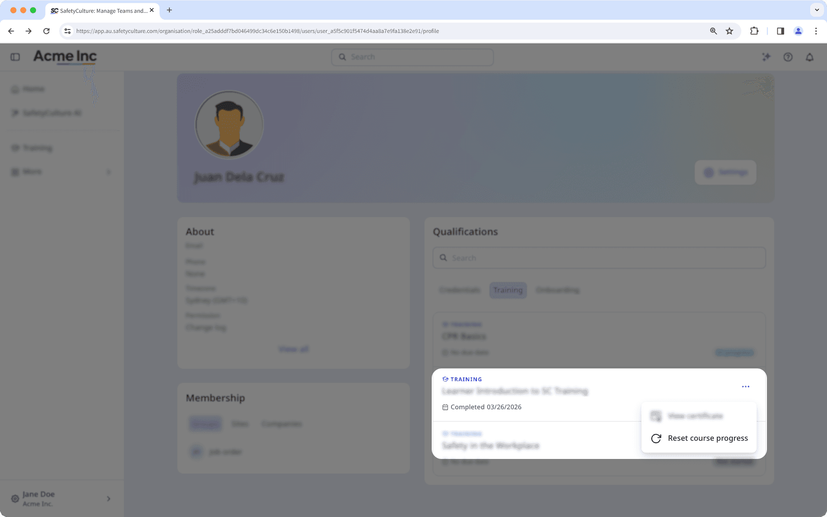 The reset course progress option selected in the Training tab of Qualifications section on the user profile
