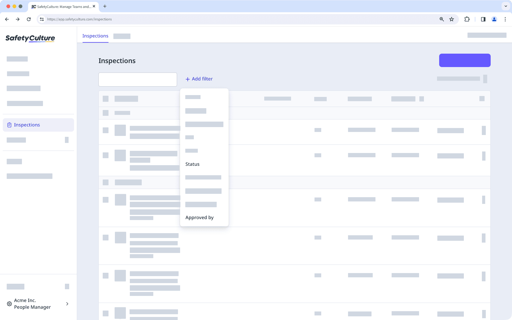Filtern Sie Ihre Inspektionen nach Genehmigern und deren Status.