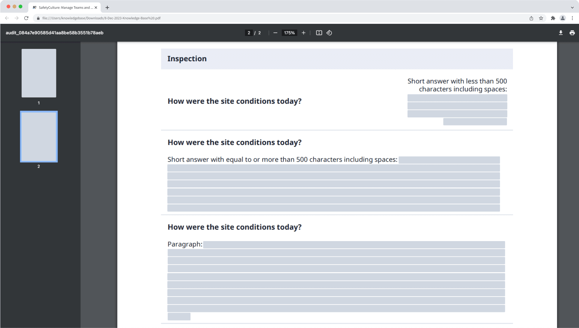 Beispiel für Textantworten im "Kurzantwort"- und "Absatz"-Format, dargestellt auf einem Inspektionsbericht.