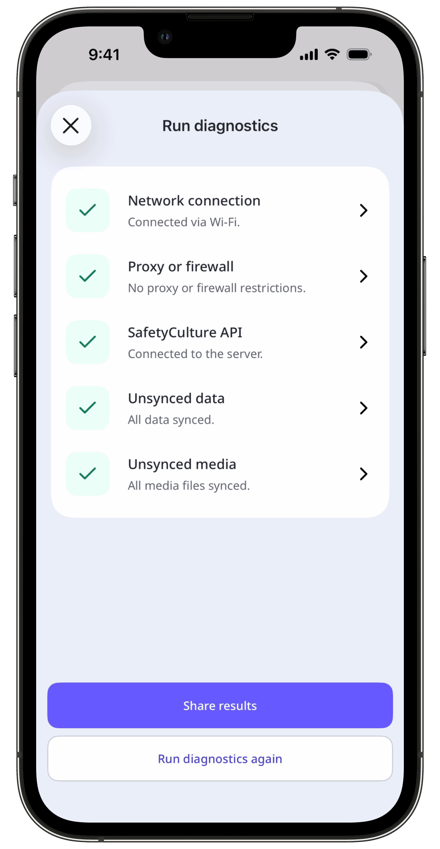 Die Seite „Diagnose ausführen“ zeigt die Diagnoseergebnisse an.