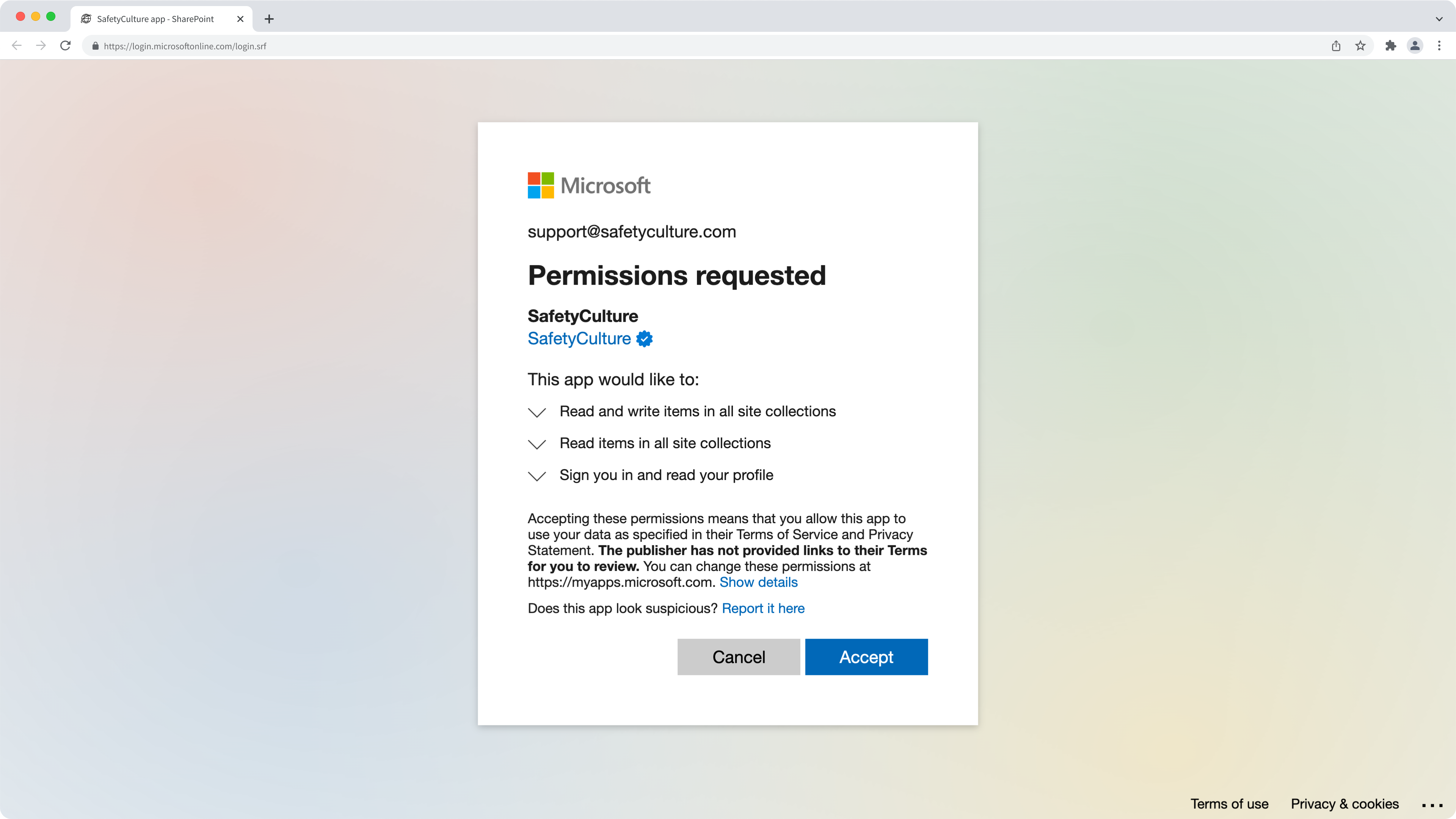 SharePoint: SafetyCulture app permissions request.