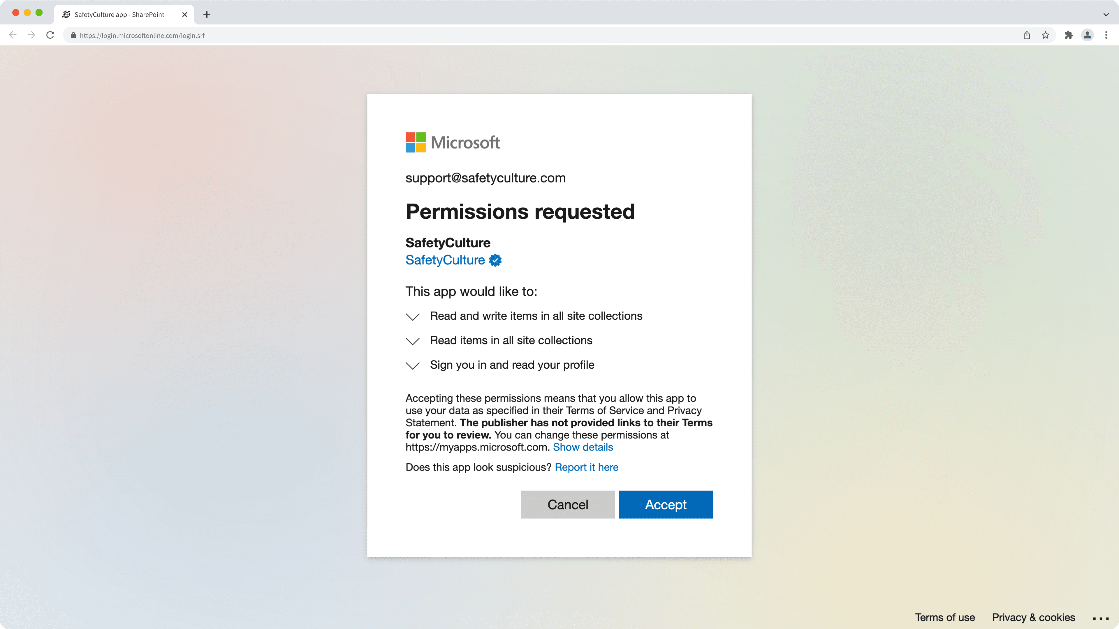 SharePoint: SafetyCulture app permissions request.