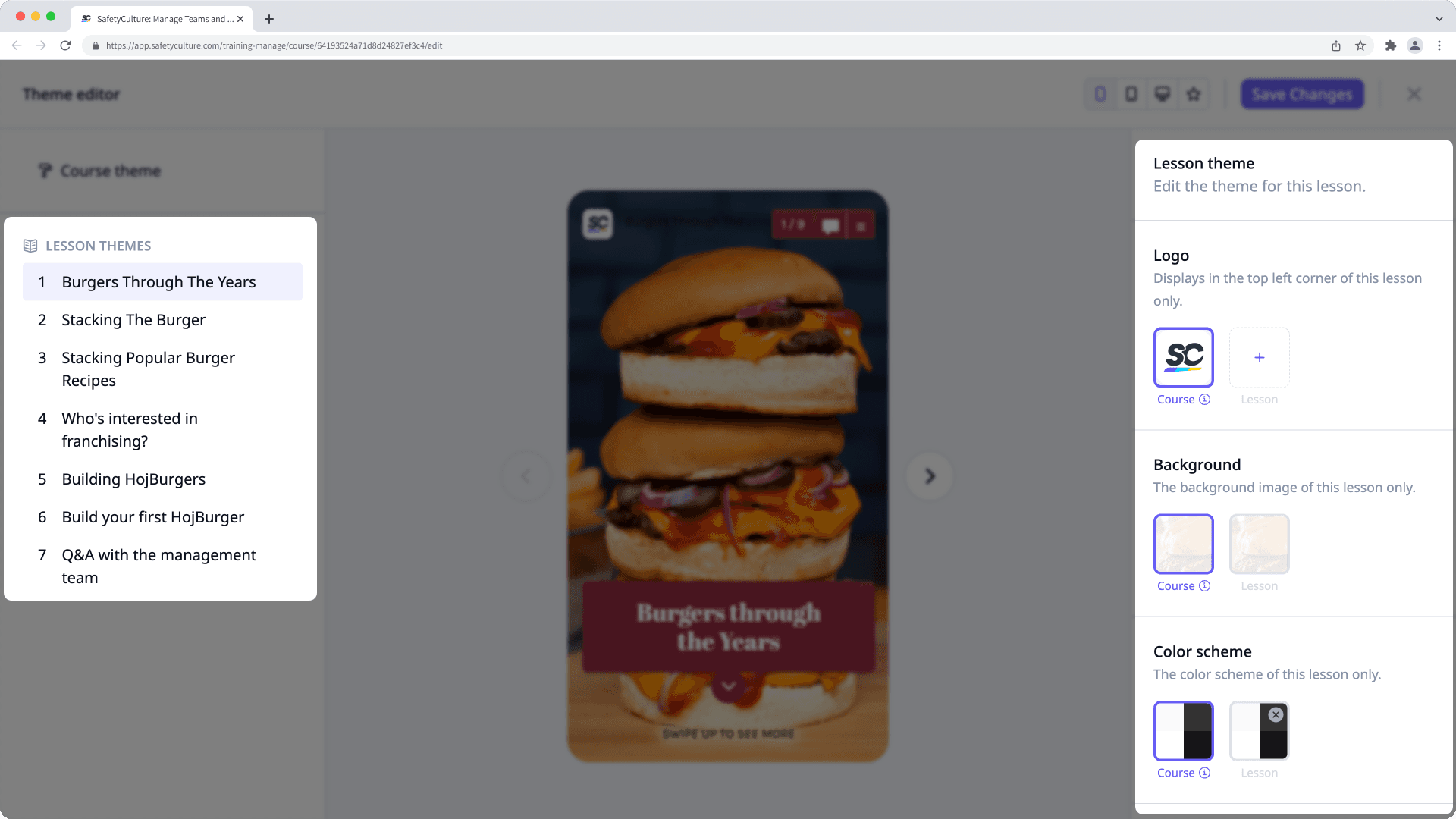 Manage the theme for a course at the lesson level via the web app.