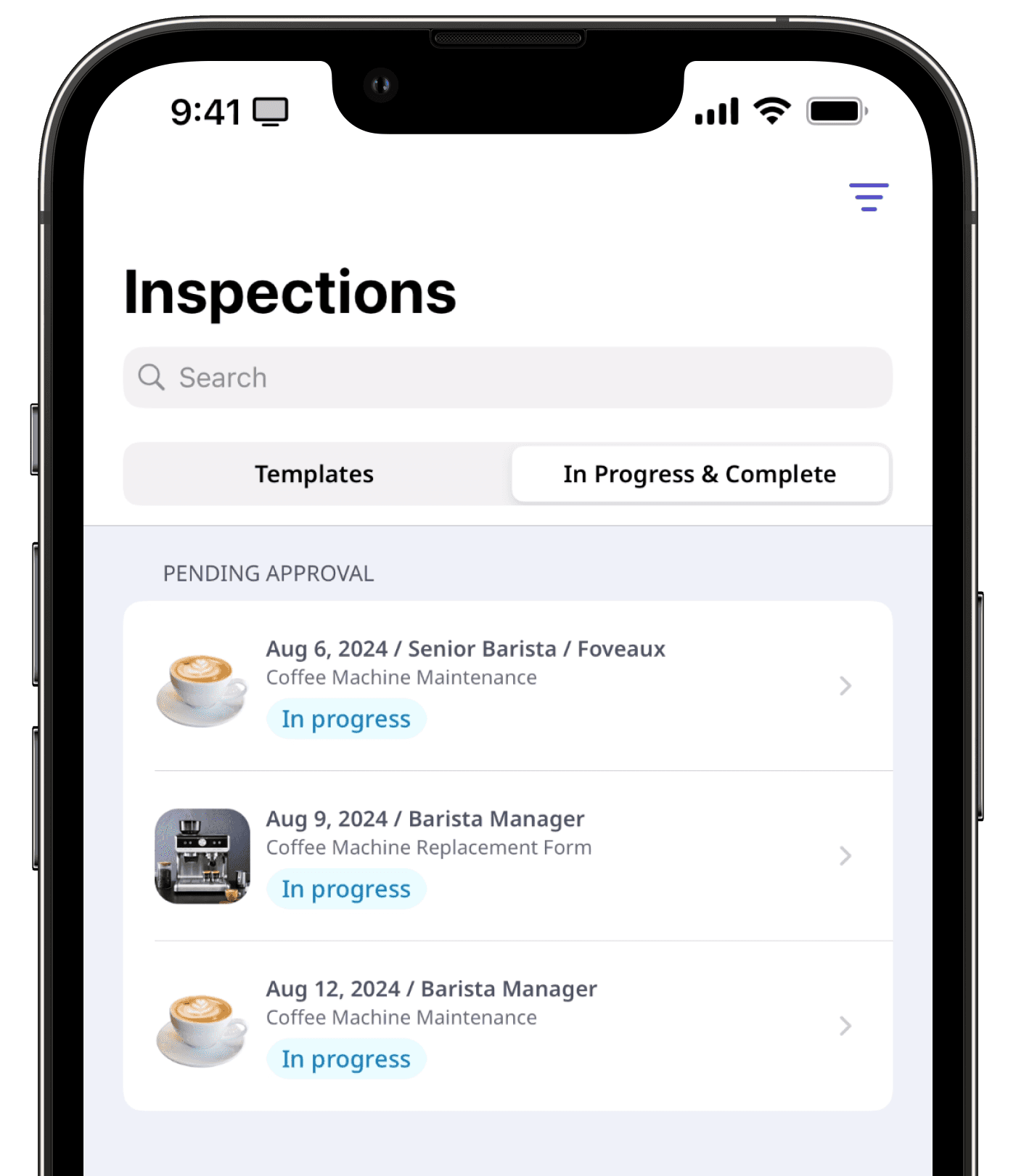 Greifen Sie auf die entsprechenden Inspektionen zu, indem Sie nach dem Genehmigungsstatus in der Mobile-App sortieren.