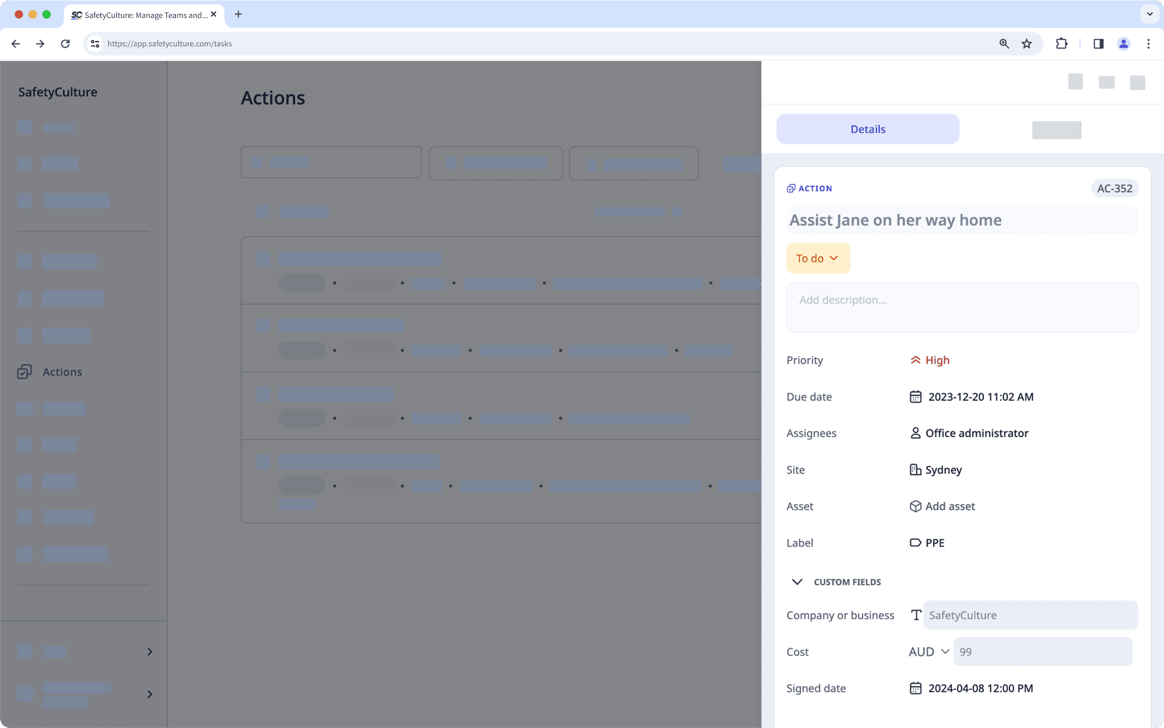 An example of restricted fields and custom fields in an action on the web app.