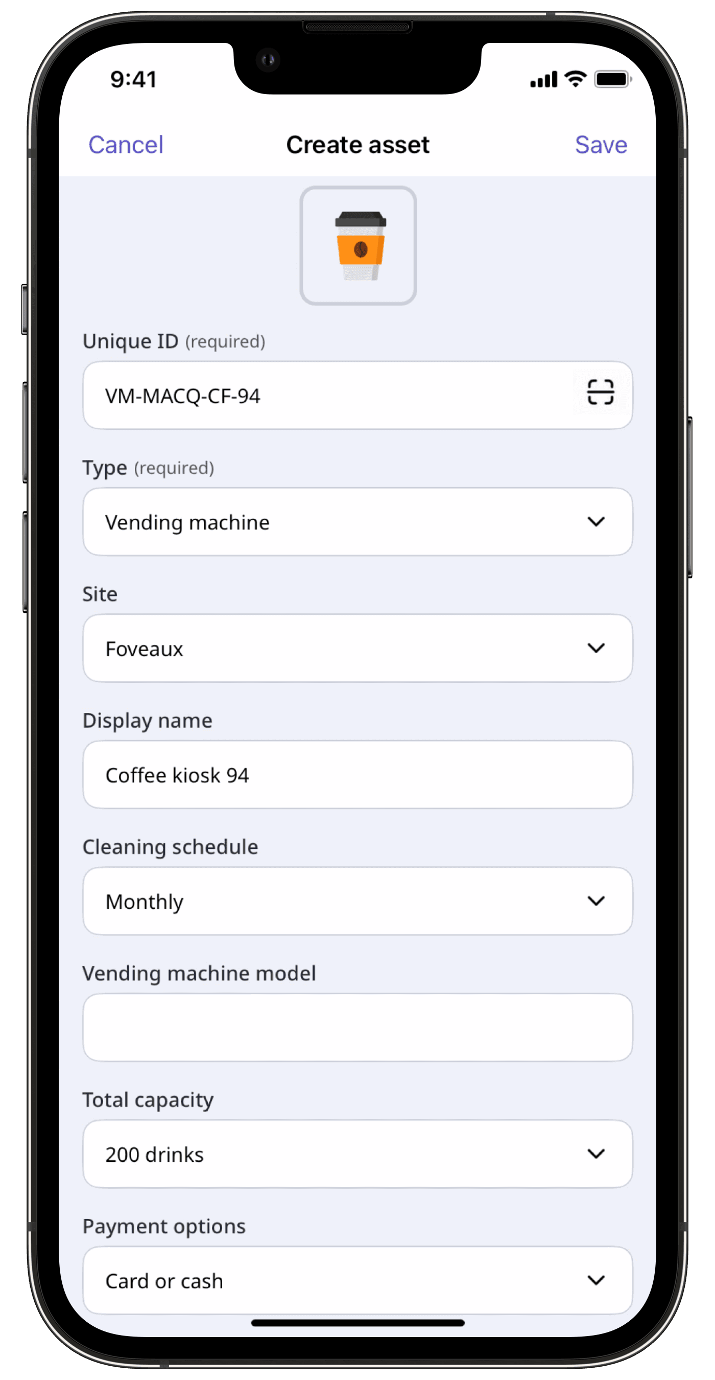 Add an asset via the mobile app.