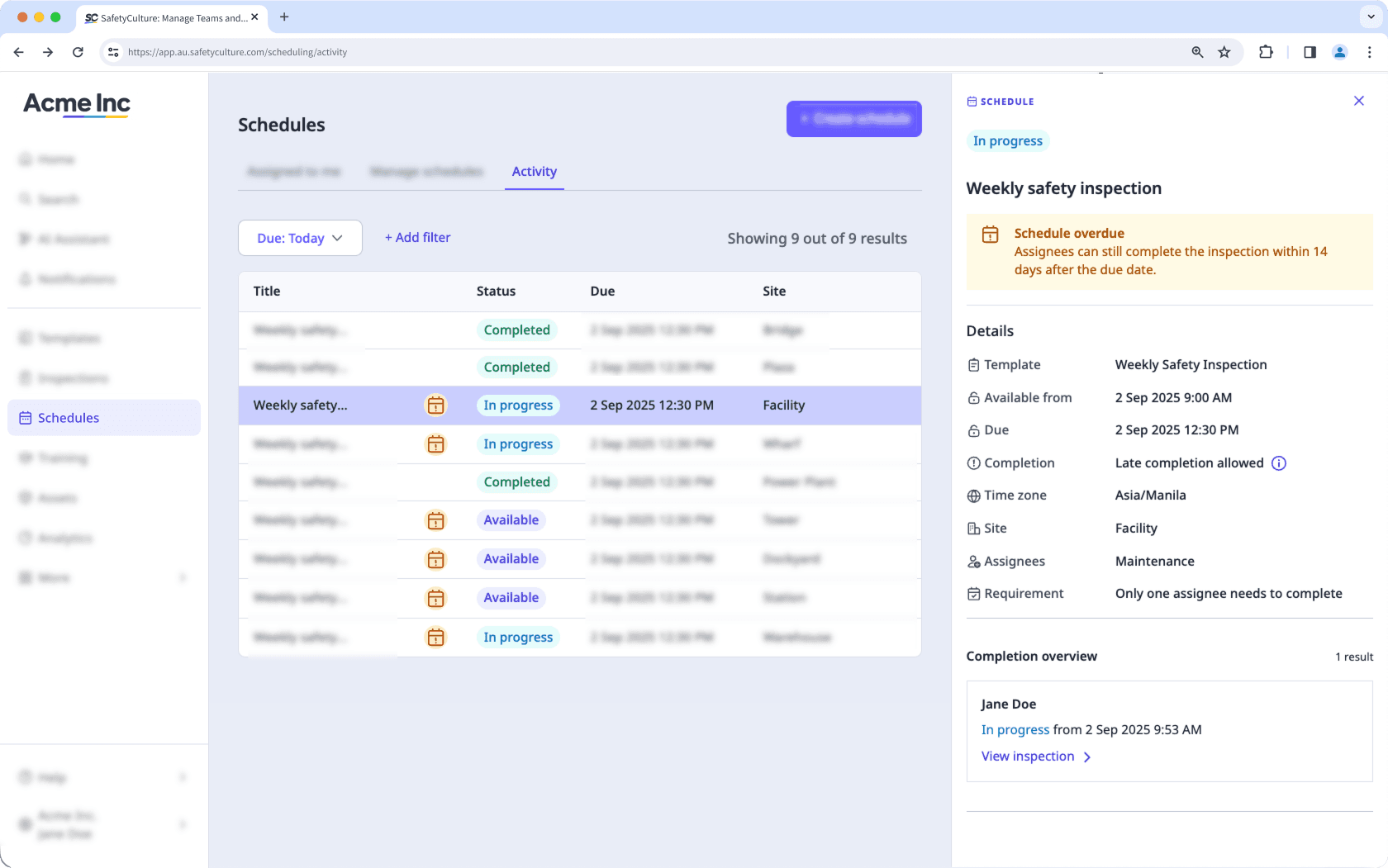 The schedule details panel open for a schedule showing an "In progress" status and a "Schedule overdue" banner.