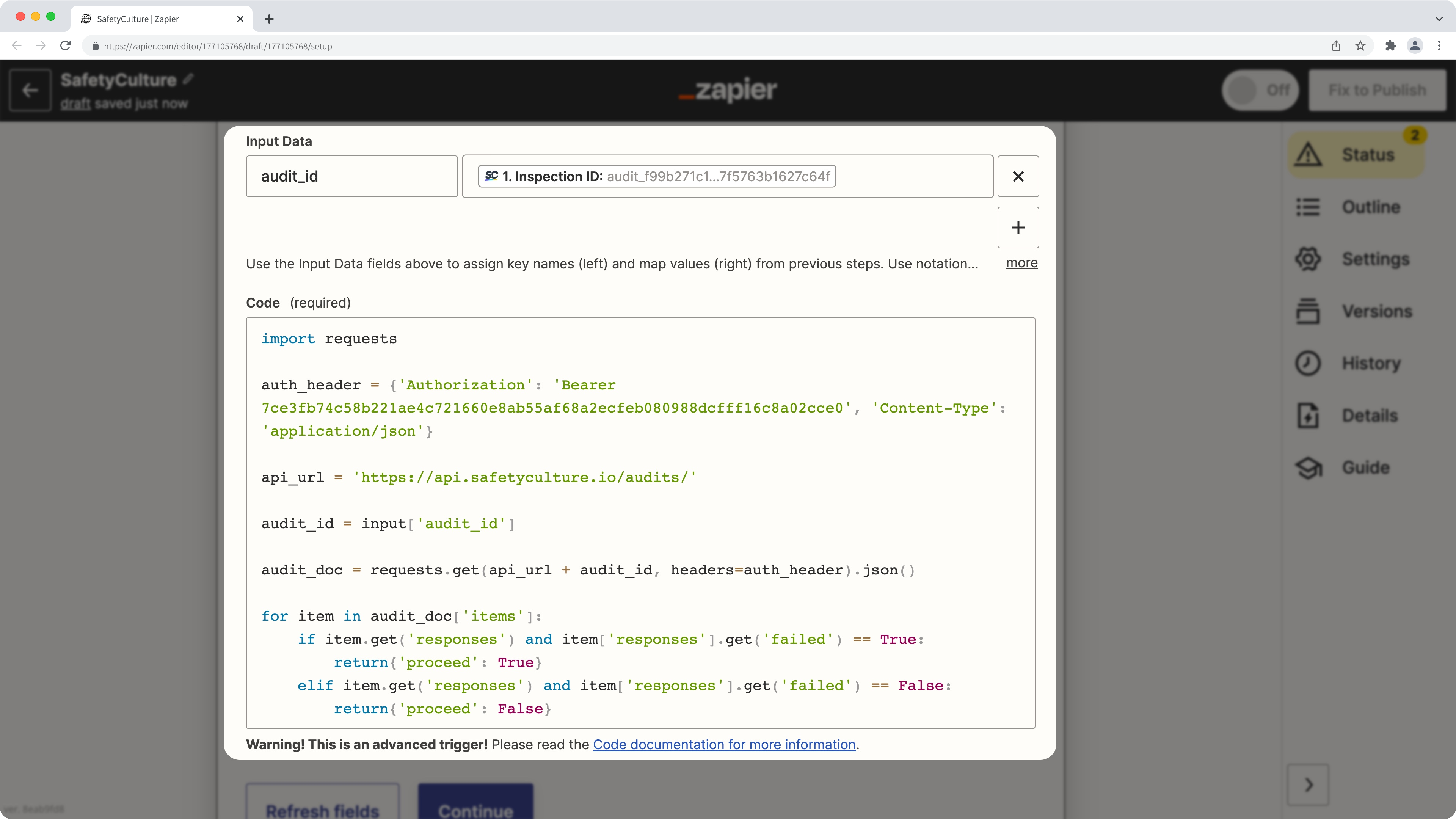 An example of the check flagged item Python script on Zapier.