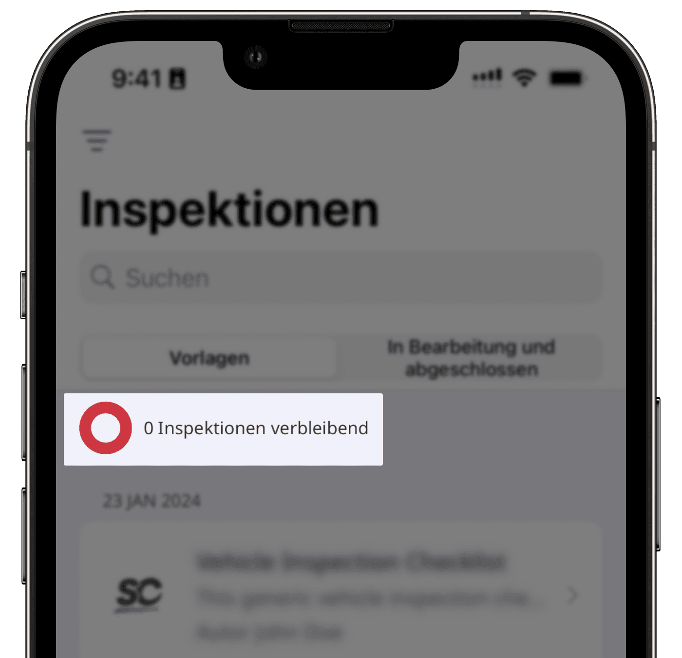 Der Zähler für die Anzahl der verbleibenden Inspektionen für einen Nutzer mit Gast-Lizenz- oder Lite-Lizenz in der Mobile-App.